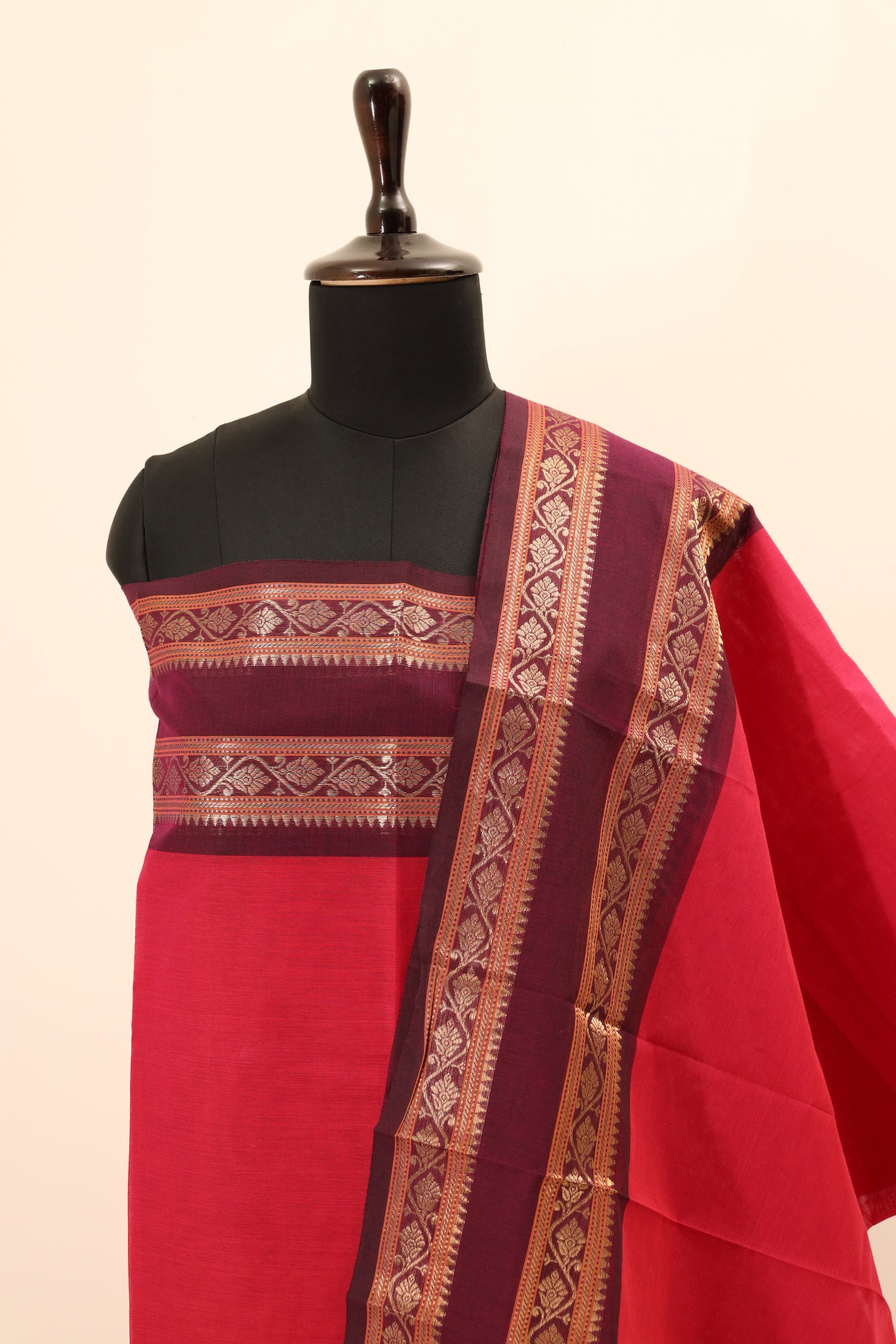 Red with Brown & Golden Border Chettinad Cotton Unstitched Salwar Suit - #NC081
