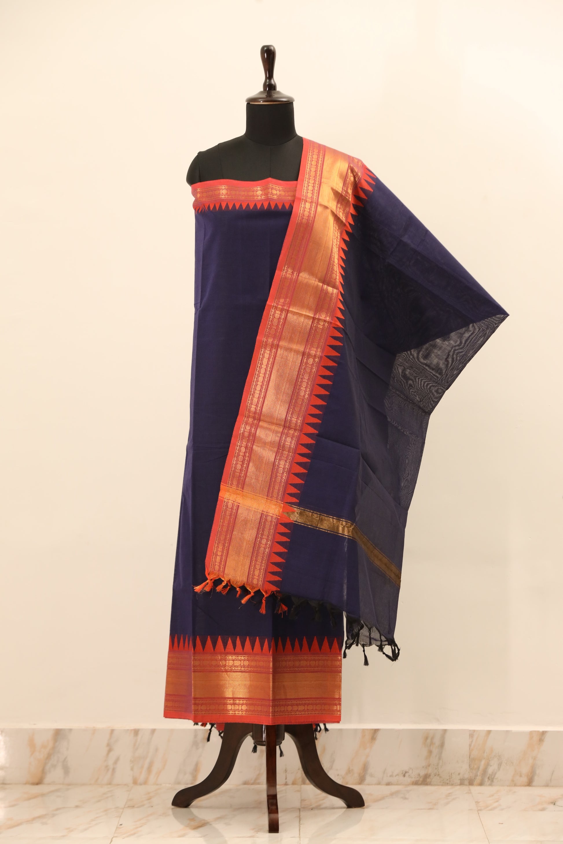 Navy Blue with Orange and Golden Border Chettinad Cotton Unstitched Salwar Suit - #NC082