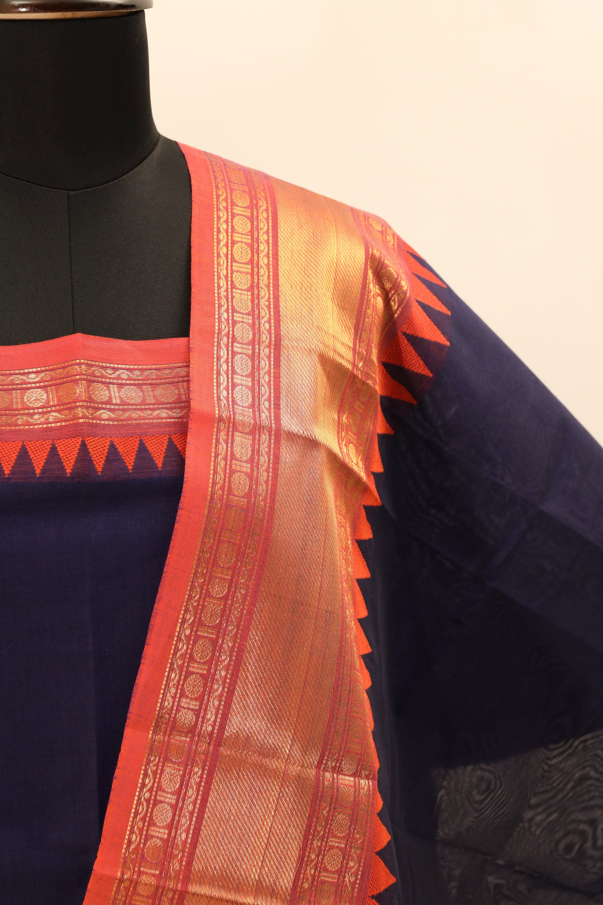 Navy Blue with Orange and Golden Border Chettinad Cotton Unstitched Salwar Suit - #NC082