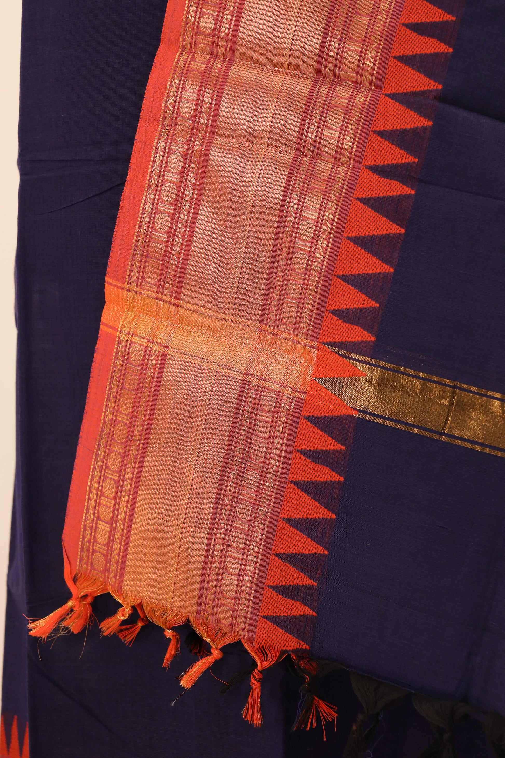 Navy Blue with Orange and Golden Border Chettinad Cotton Unstitched Salwar Suit - #NC082
