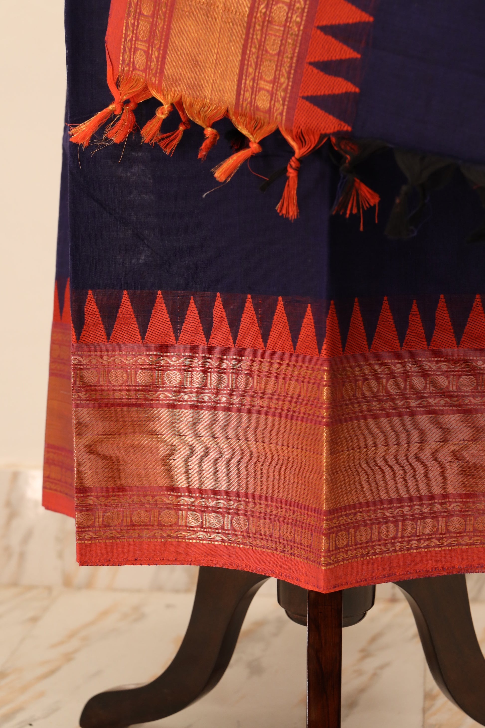 Navy Blue with Orange and Golden Border Chettinad Cotton Unstitched Salwar Suit - #NC082