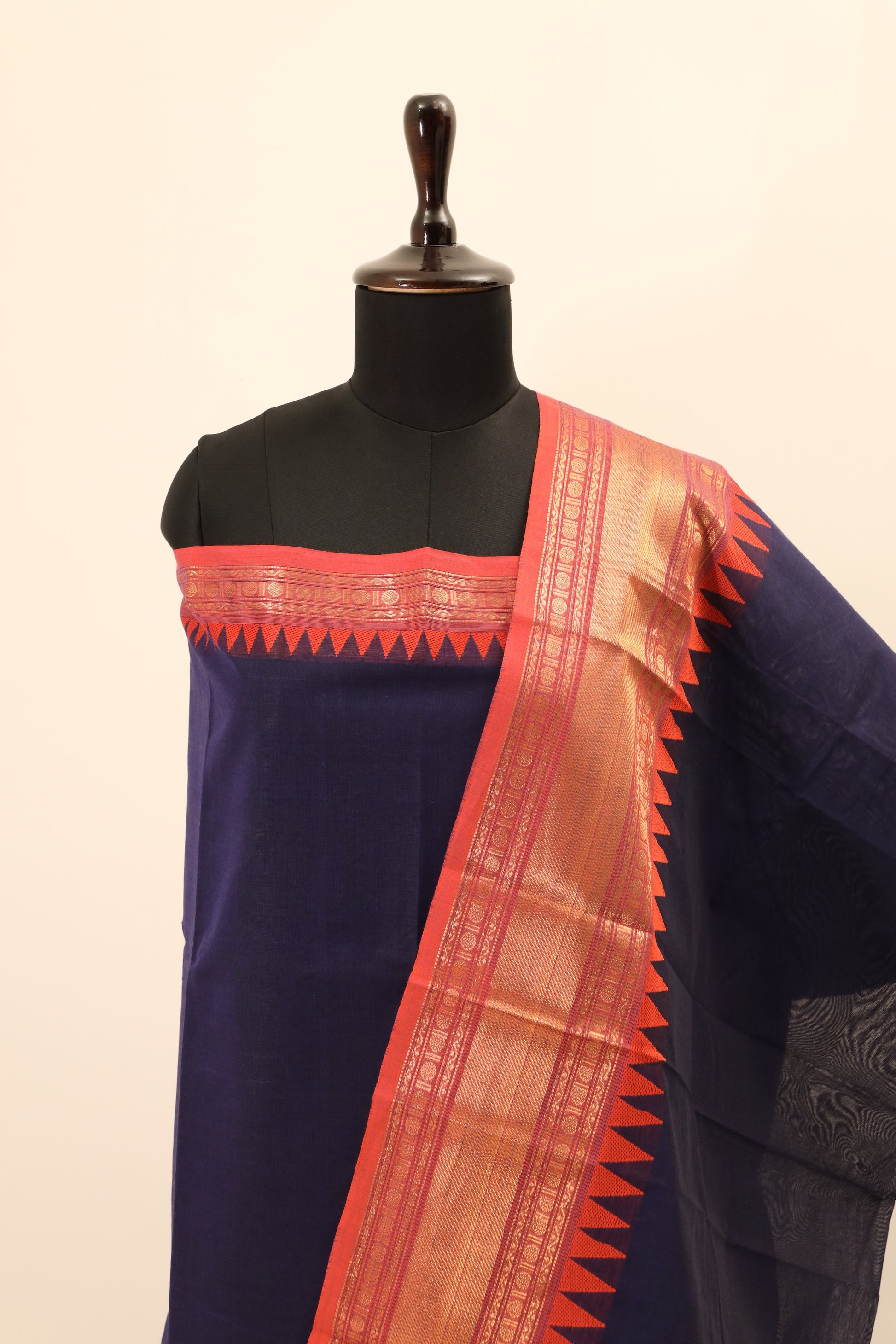 Navy Blue with Orange and Golden Border Chettinad Cotton Unstitched Salwar Suit - #NC082