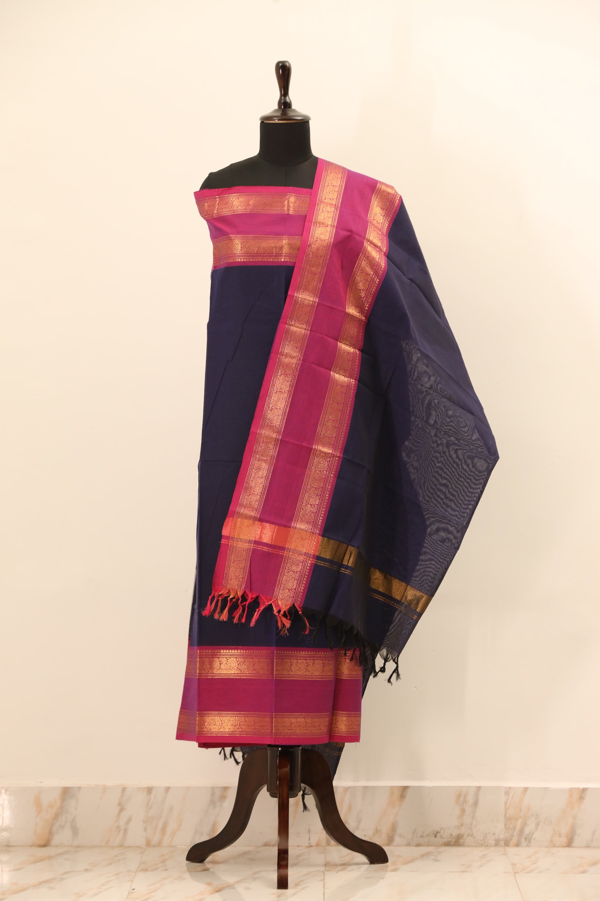 Navy Blue with Pink Border Chettinad Cotton Unstitched Salwar Suit - #NC083