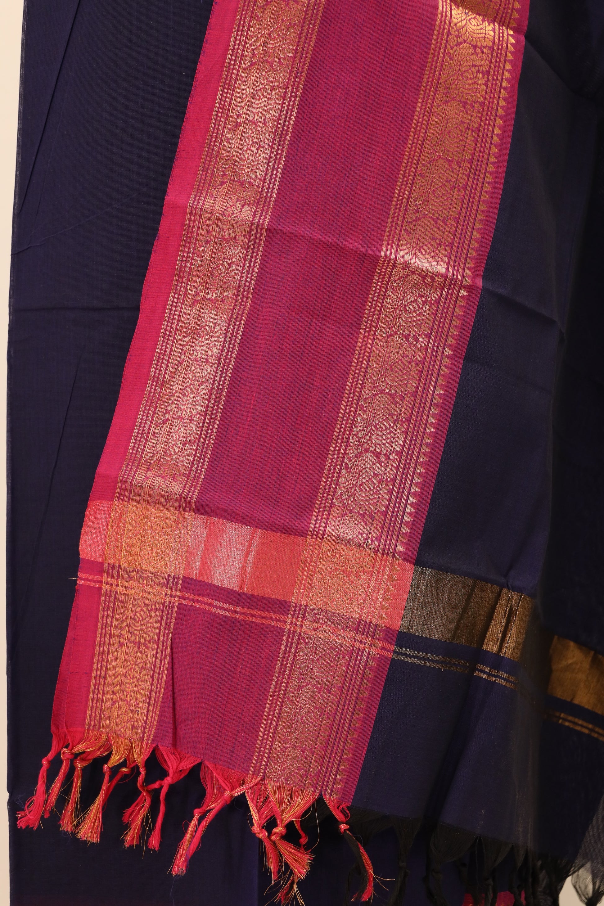 Navy Blue with Pink Border Chettinad Cotton Unstitched Salwar Suit - #NC083