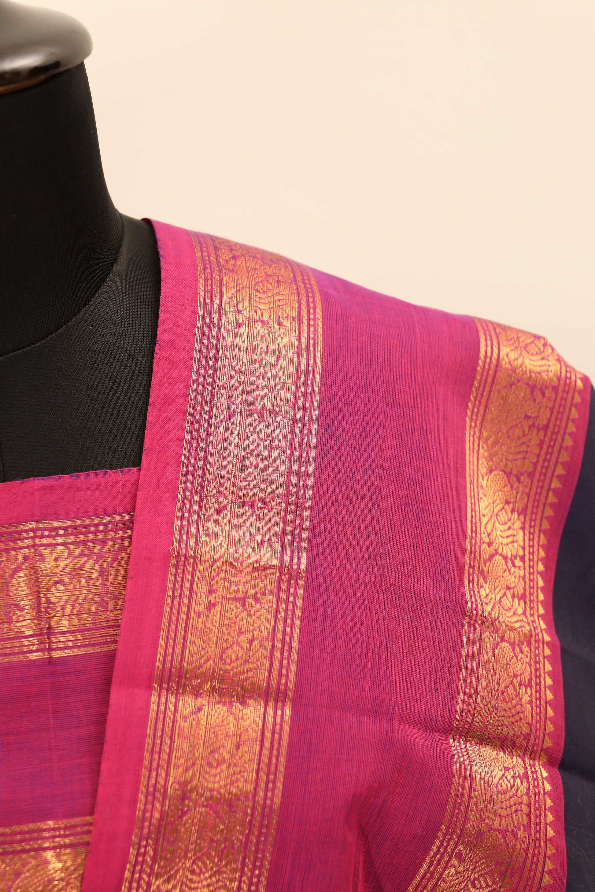 Navy Blue with Pink Border Chettinad Cotton Unstitched Salwar Suit - #NC083