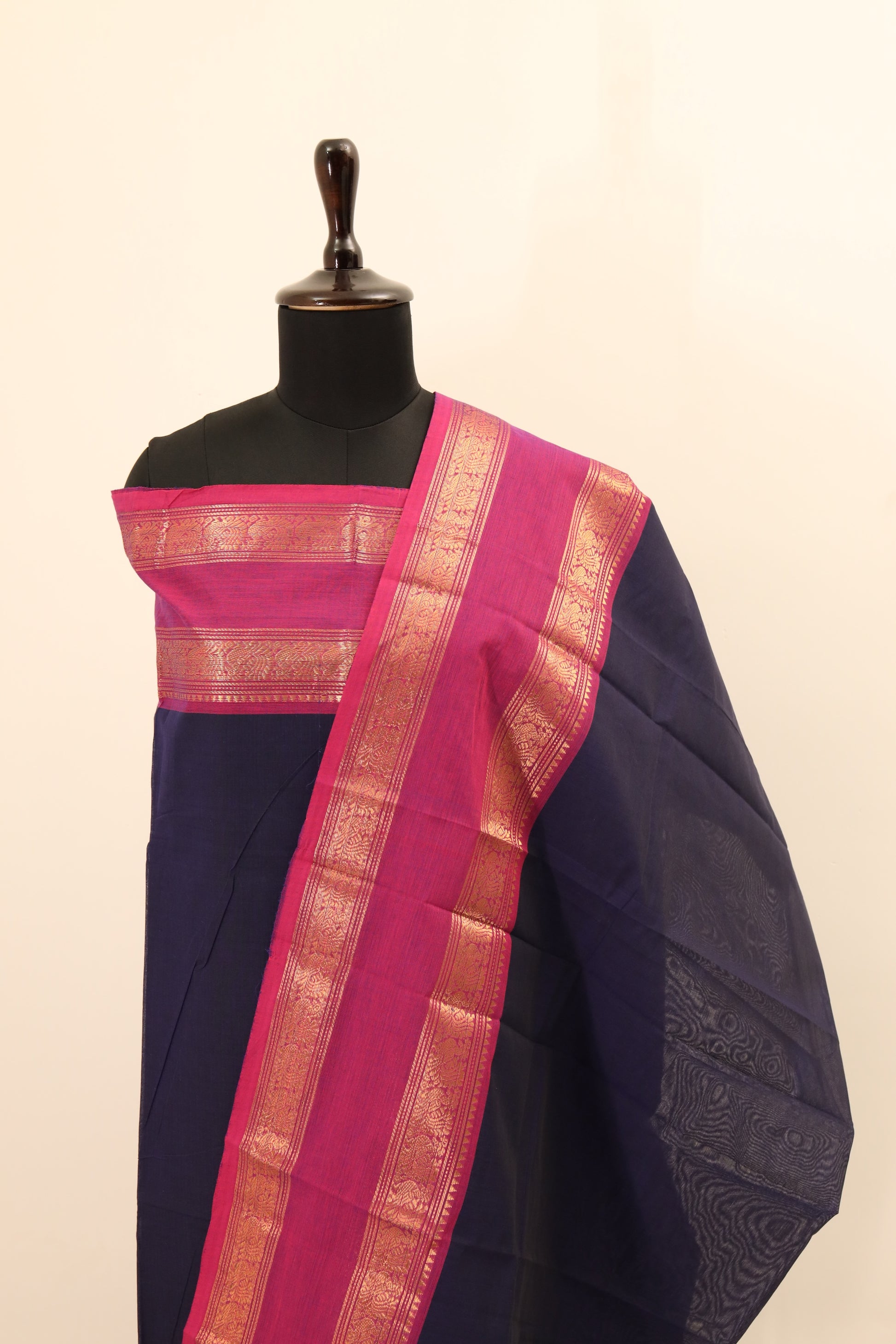 Navy Blue with Pink Border Chettinad Cotton Unstitched Salwar Suit - #NC083