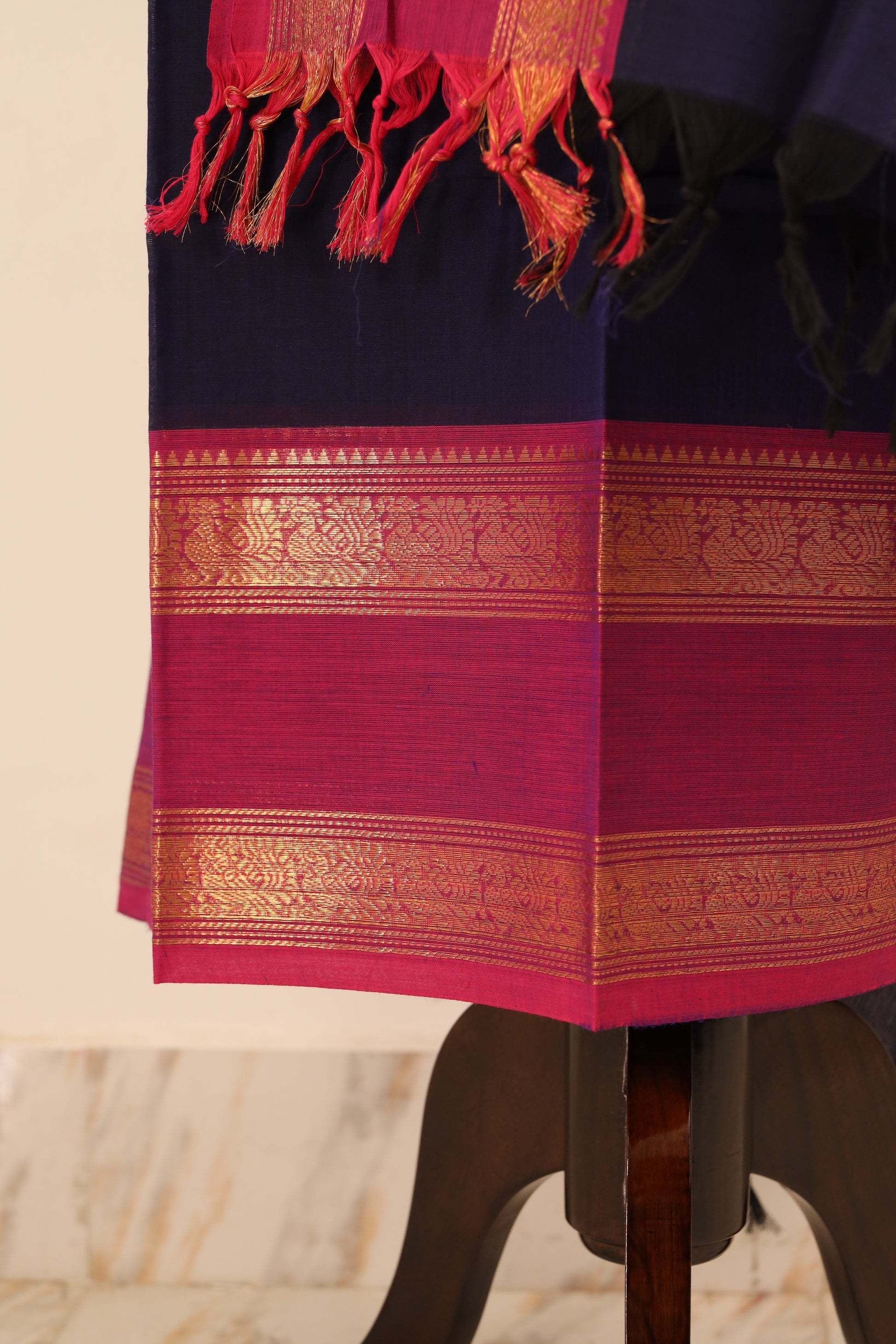Navy Blue with Pink Border Chettinad Cotton Unstitched Salwar Suit - #NC083