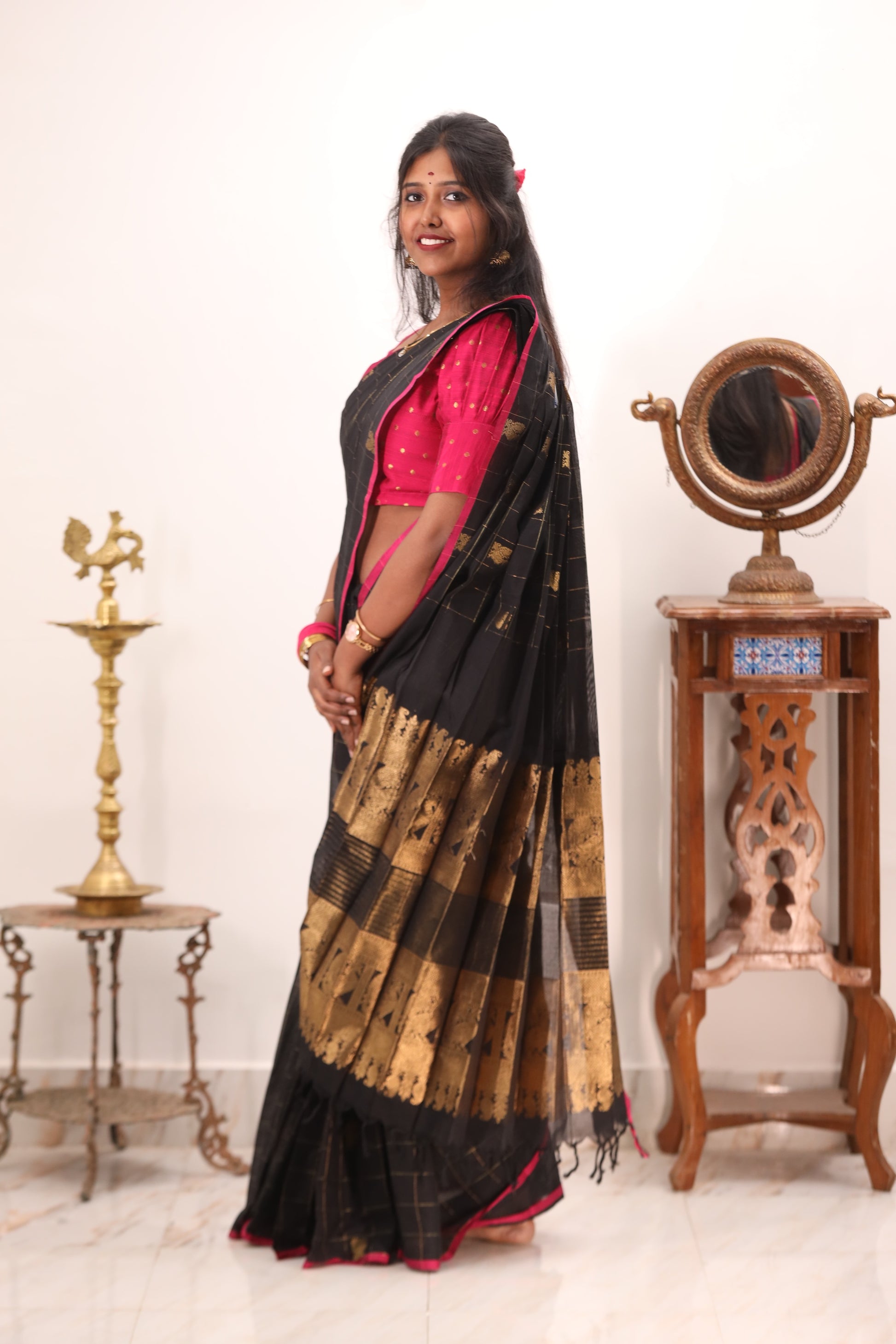 Black and Pink & Golden Border Chettinad Cotton Saree-#NS024