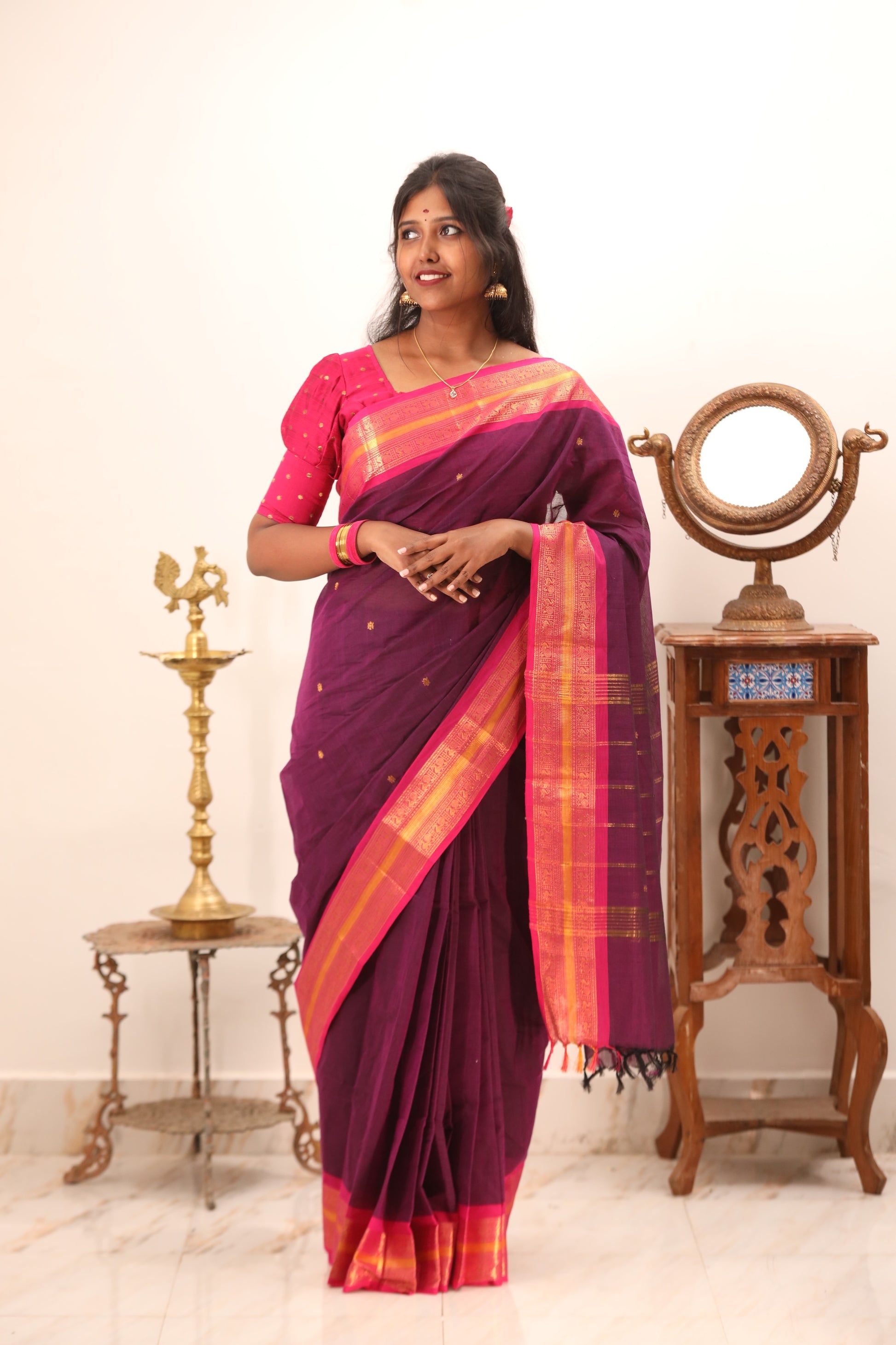Purple Saree with Pink Border Chettinad Cotton Saree -#NSO22