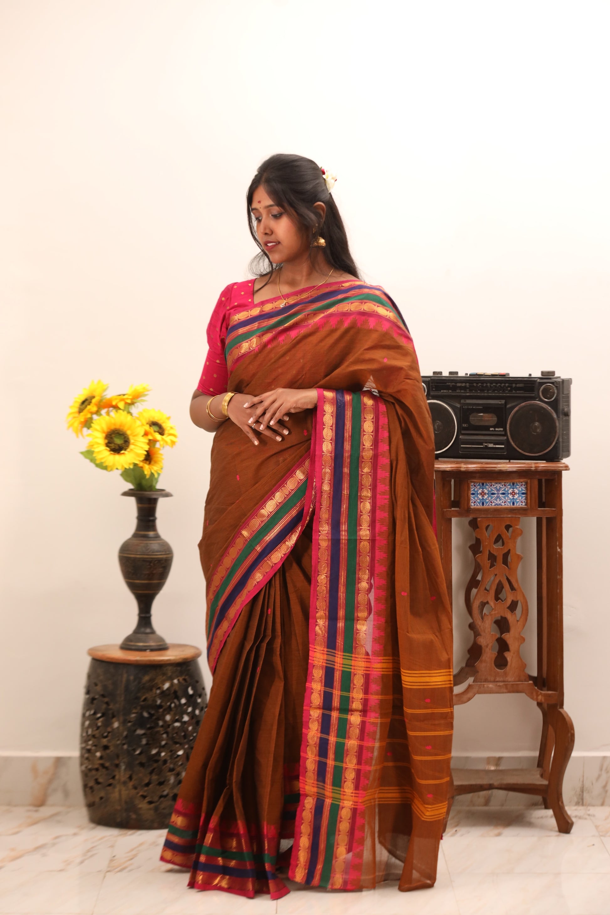 Mustard with Multi color Border Chettinad Cotton Saree -#NS021
