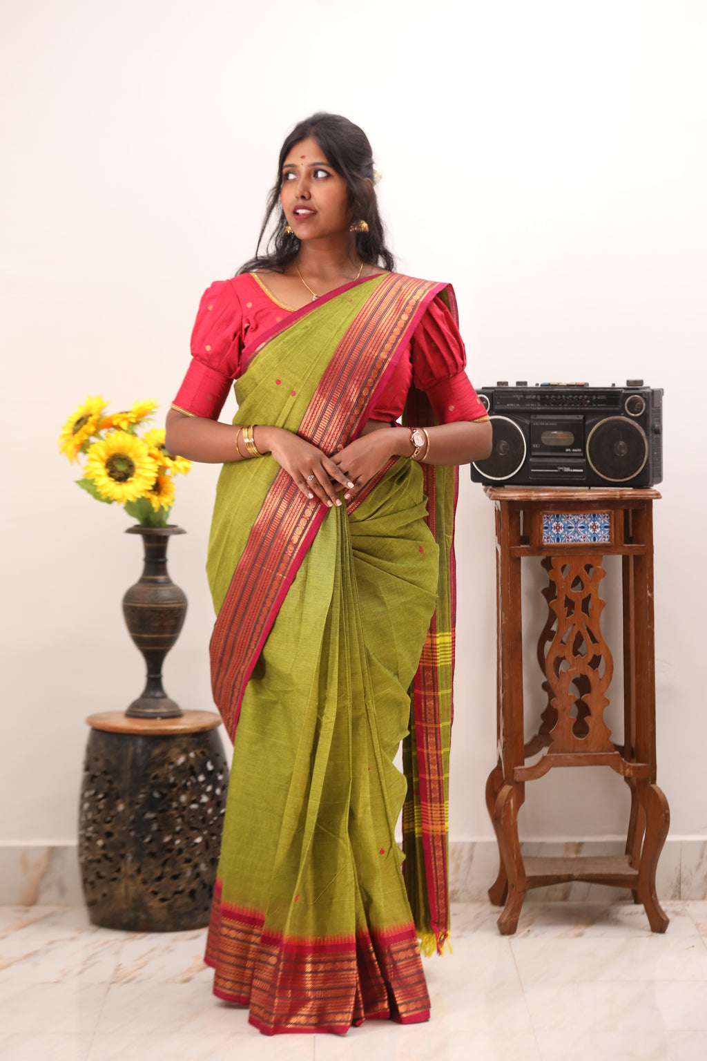 Green with Pink Border Chettinad Cotton Saree -#NS020