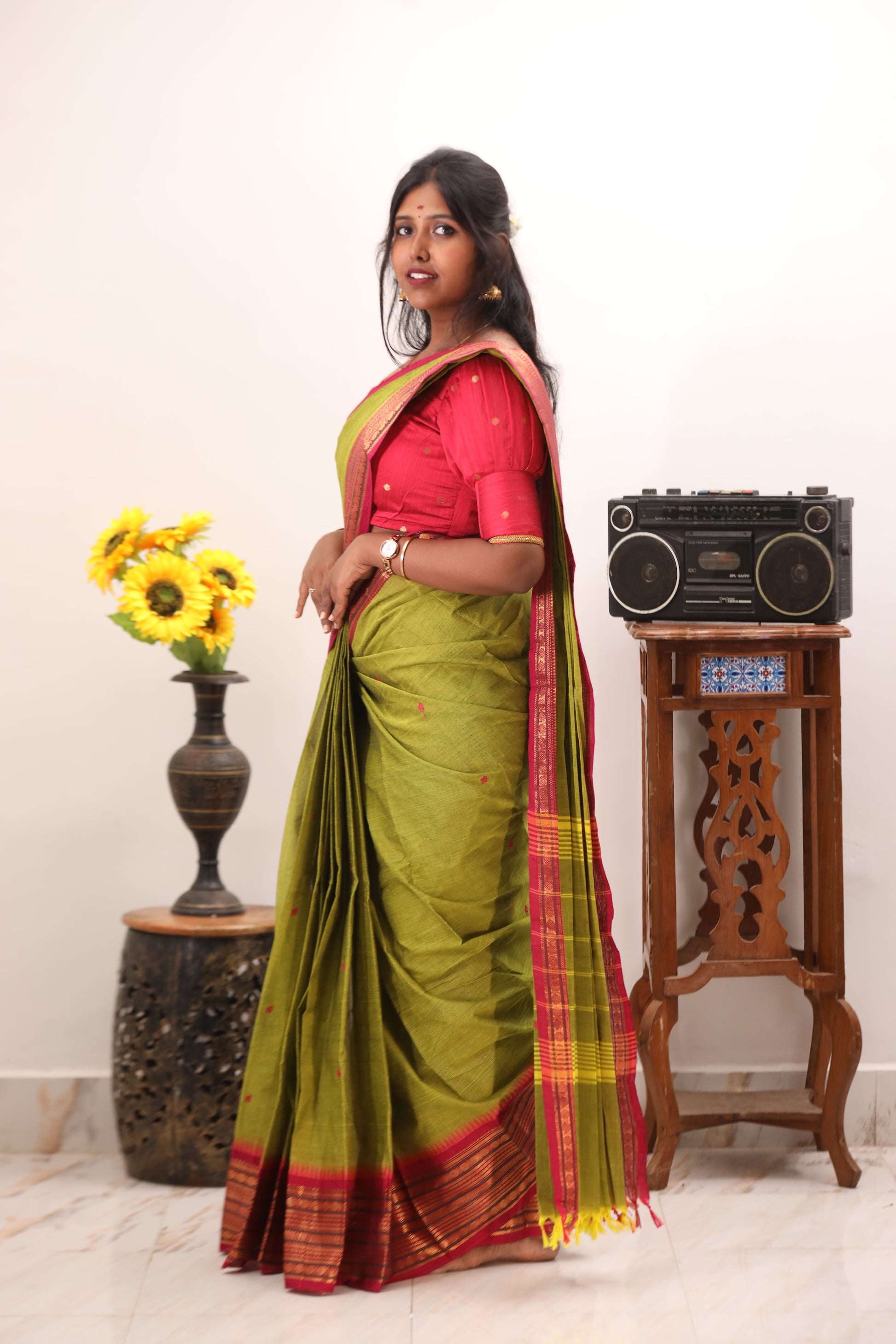 Green with Pink Border Chettinad Cotton Saree -#NS020