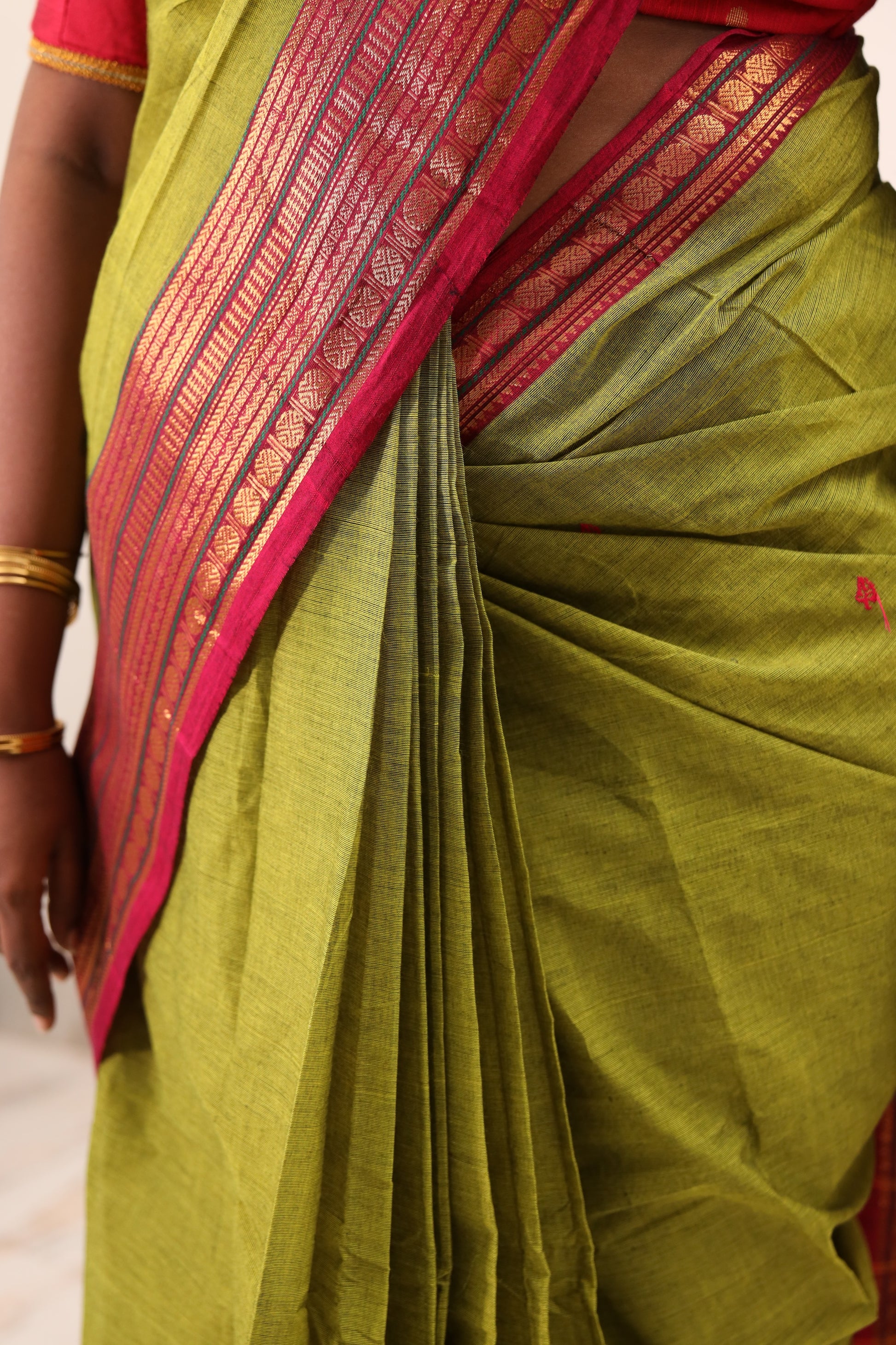 Green with Pink Border Chettinad Cotton Saree -#NS020