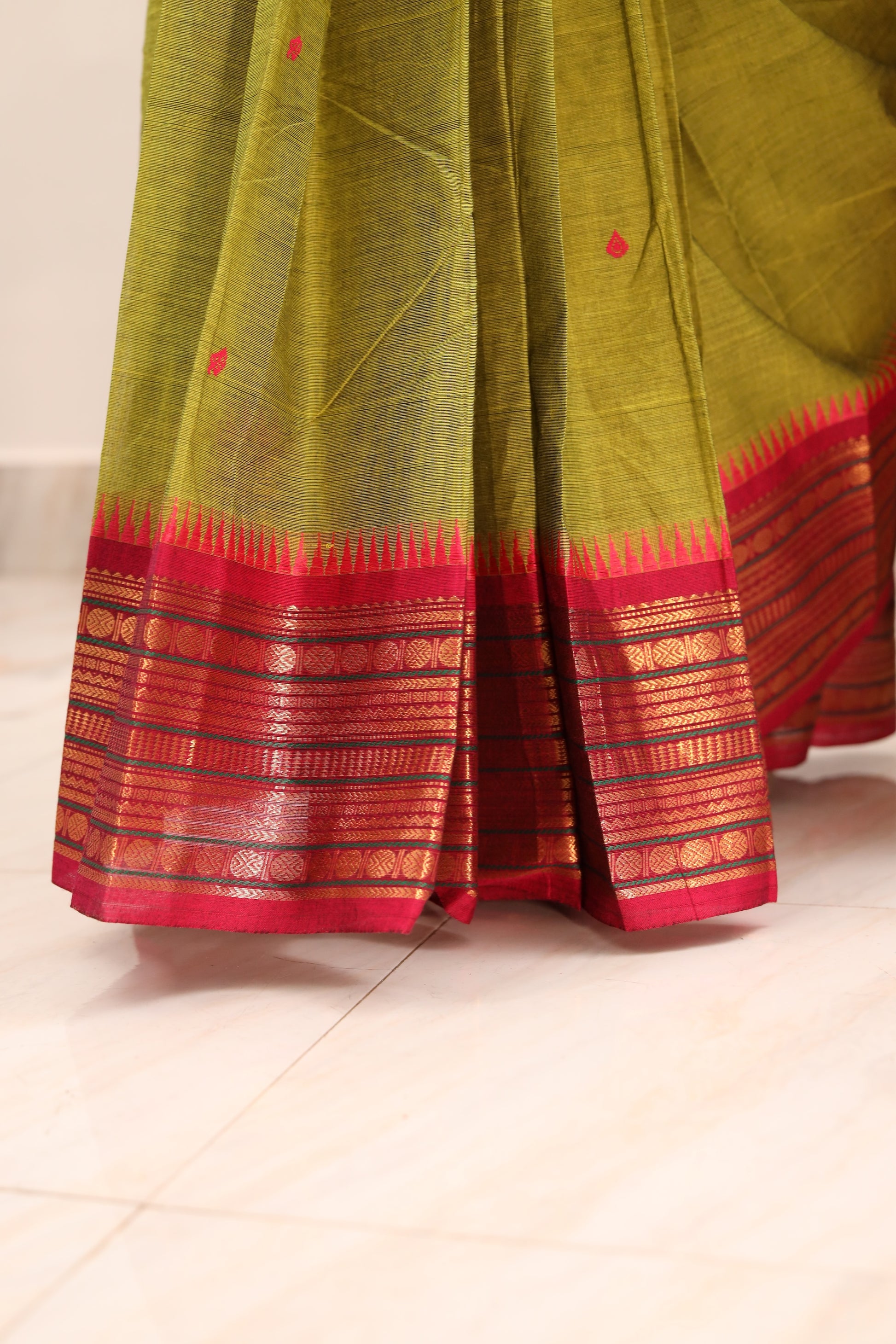Green with Pink Border Chettinad Cotton Saree -#NS020