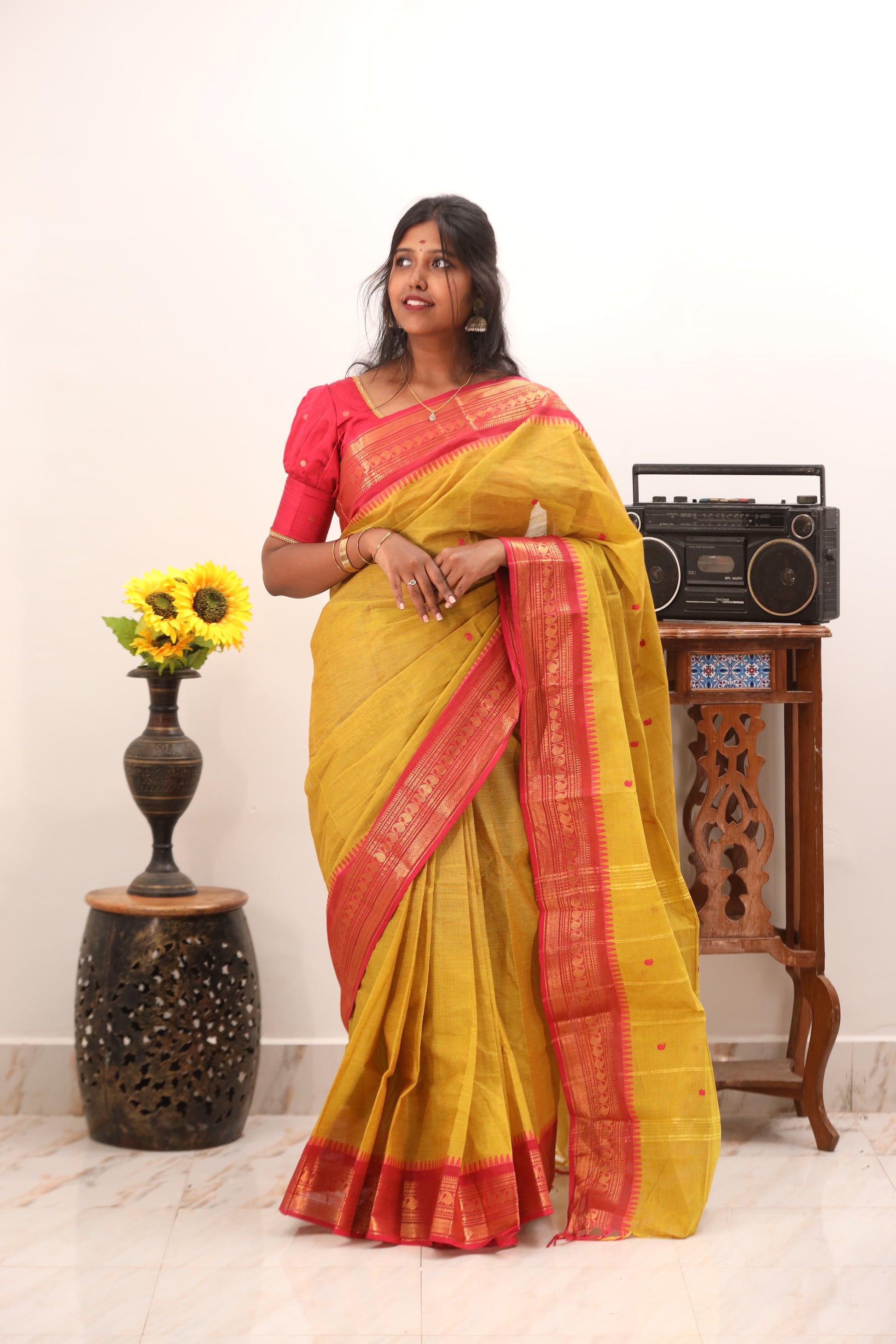 Yellow with Pink Border Chettinad Cotton Saree- #NS019