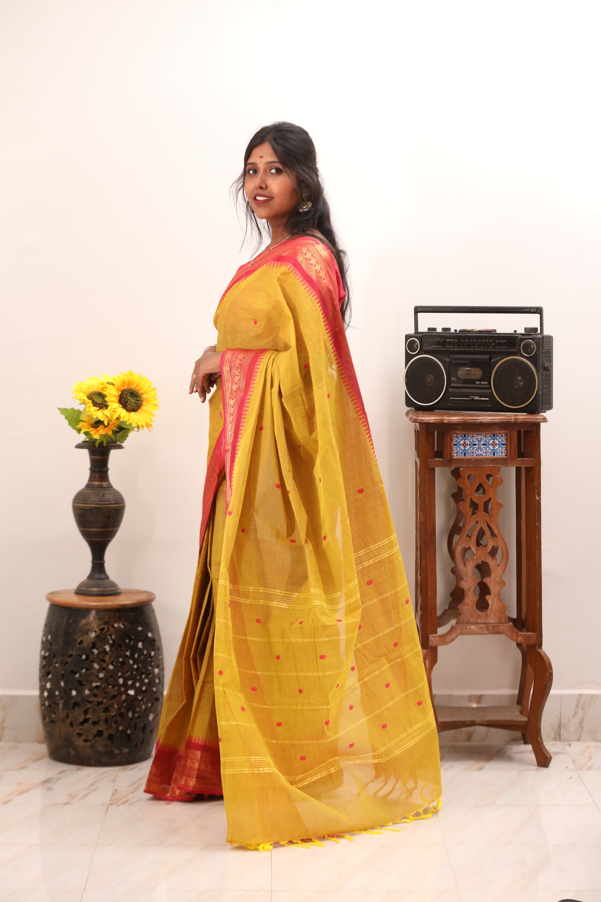 Yellow with Pink Border Chettinad Cotton Saree- #NS019