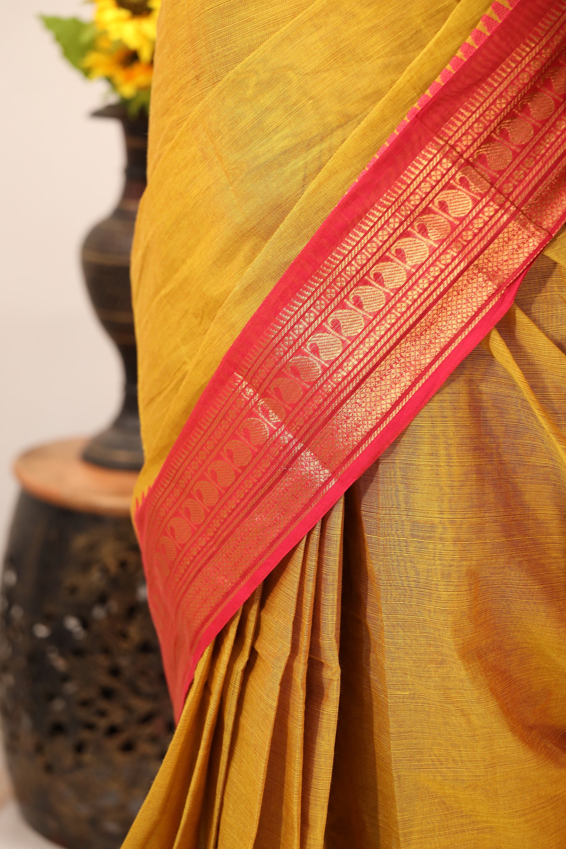 Yellow with Pink Border Chettinad Cotton Saree- #NS019
