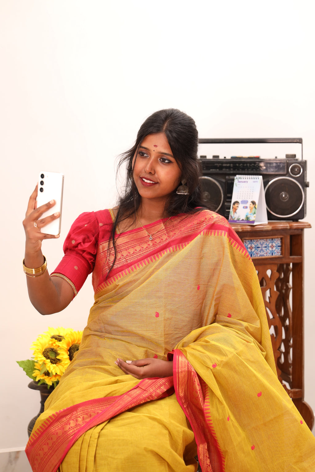 Yellow with Pink Border Chettinad Cotton Saree- #NS019