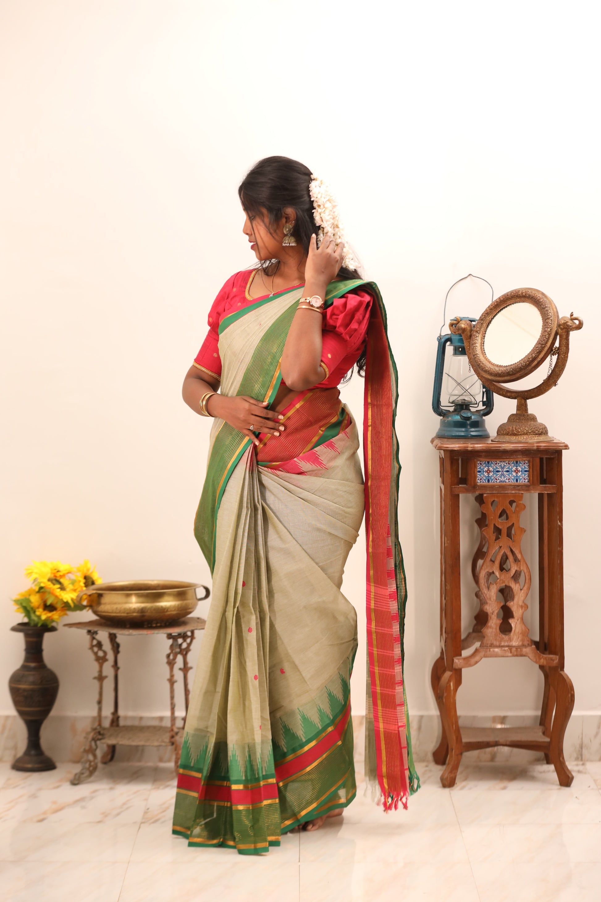 Beige with Green & Pink Border Chettinad Cotton Saree -#NS018