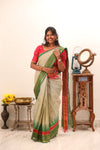 Beige with Green & Pink Border Chettinad Cotton Saree -#NS018