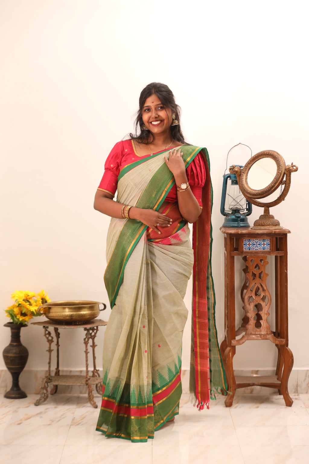 Beige with Green & Pink Border Chettinad Cotton Saree -#NS018