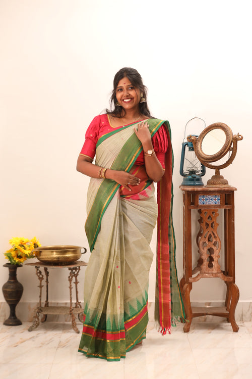 Beige with Green & Pink Border Chettinad Cotton Saree -#NS018