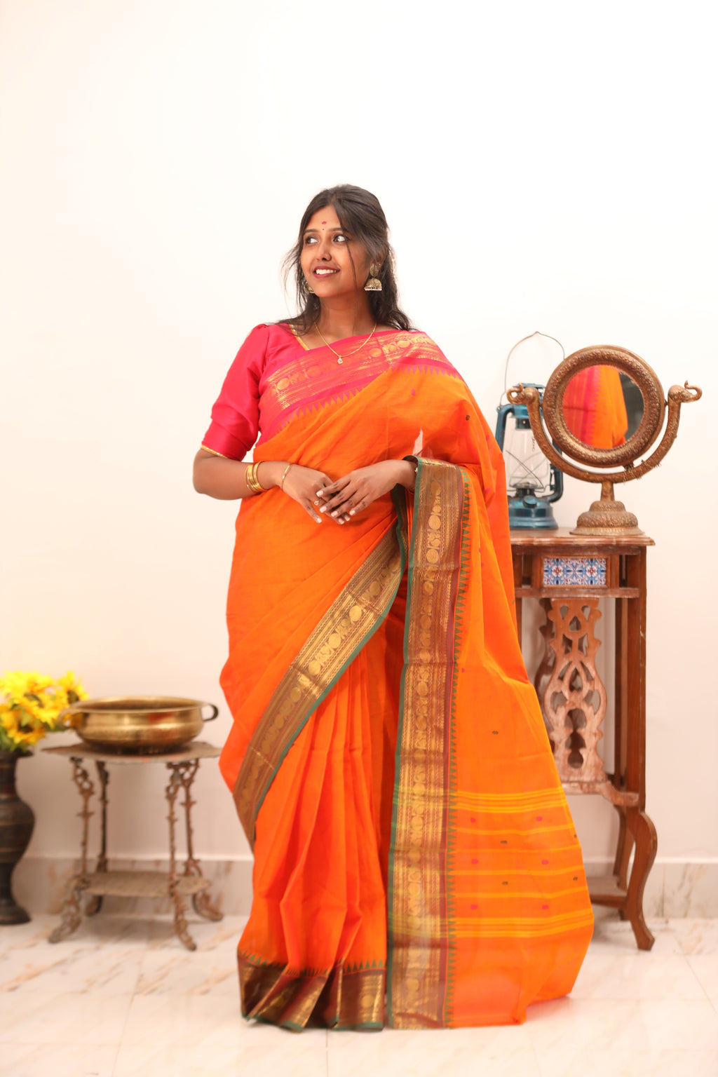 Orange Chettinad Cotton Saree with Pink and Green Border -#NS017