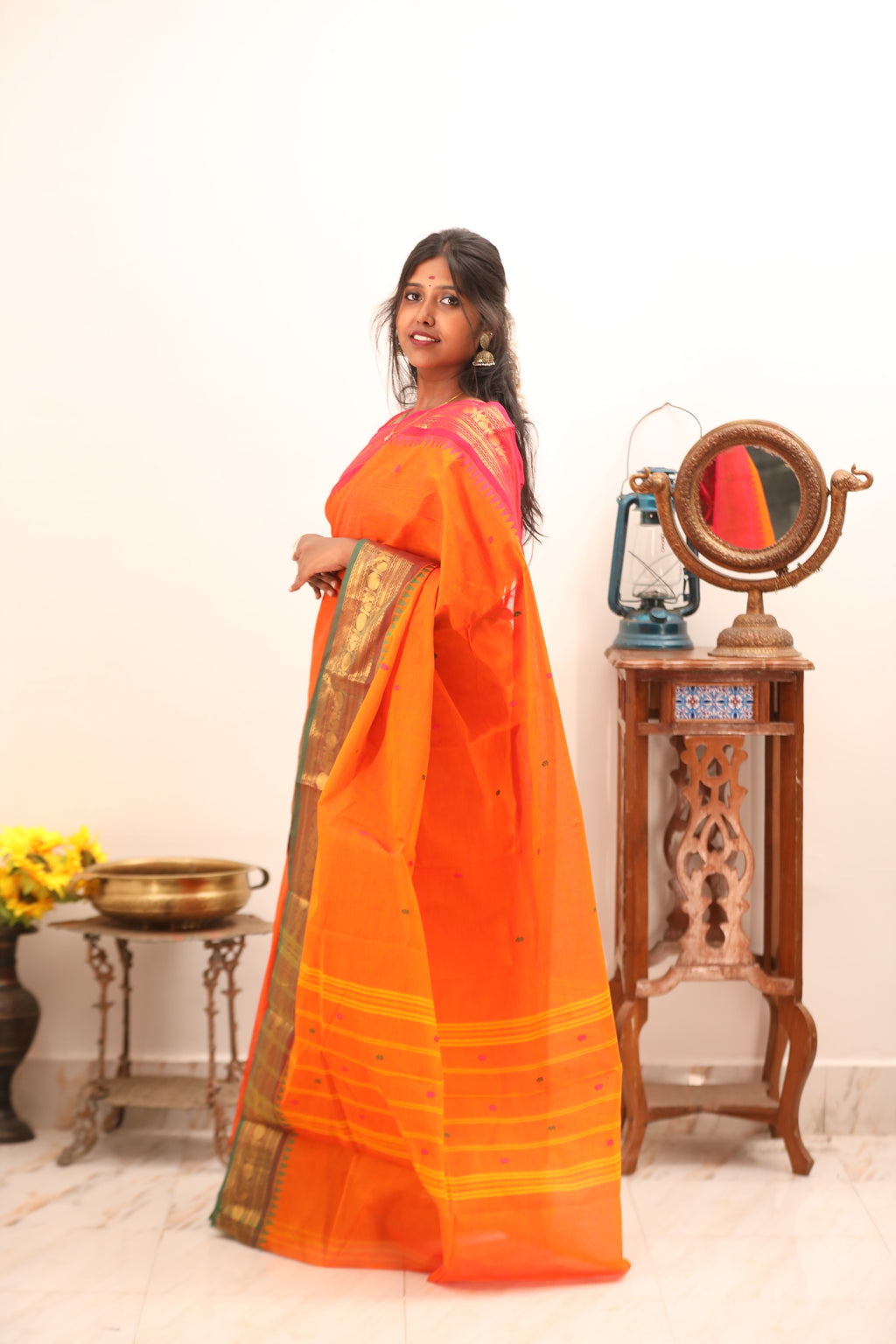 Orange Chettinad Cotton Saree with Pink and Green Border -#NS017