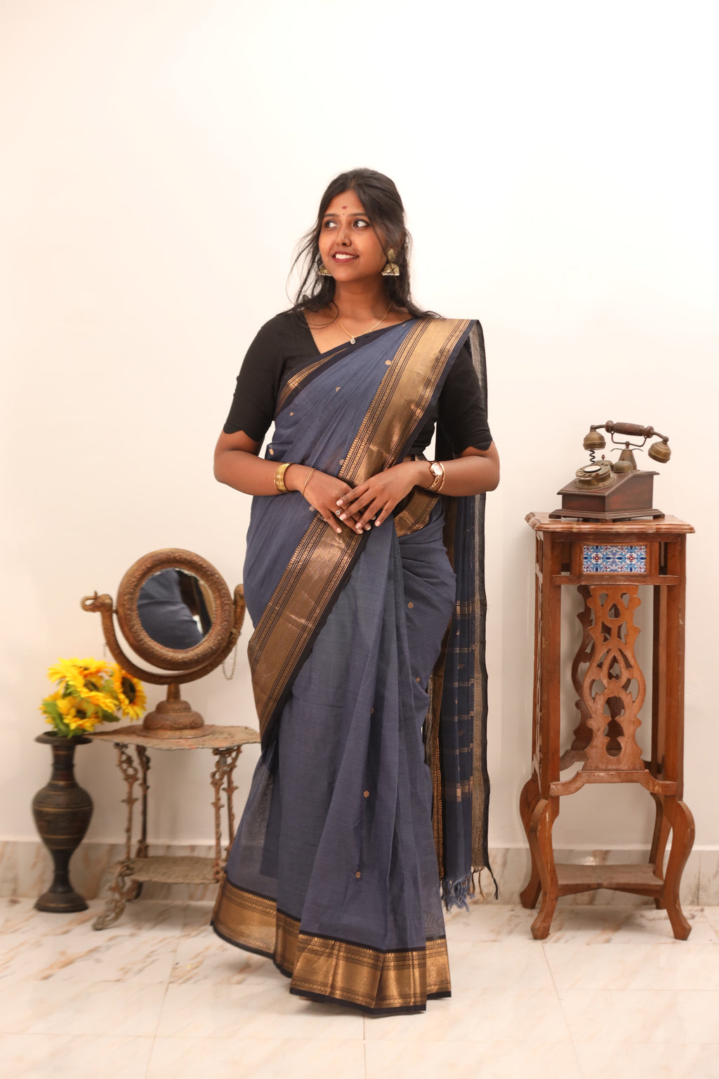 Blue Chettinad Cotton Saree with Black& Golden Border -#NS016