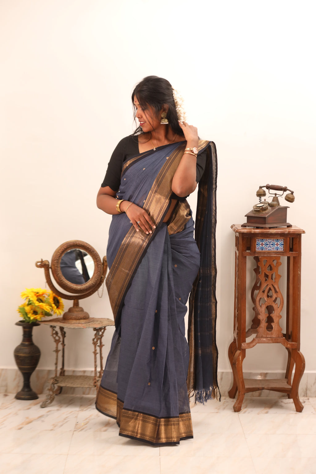 Blue Chettinad Cotton Saree with Black& Golden Border -#NS016