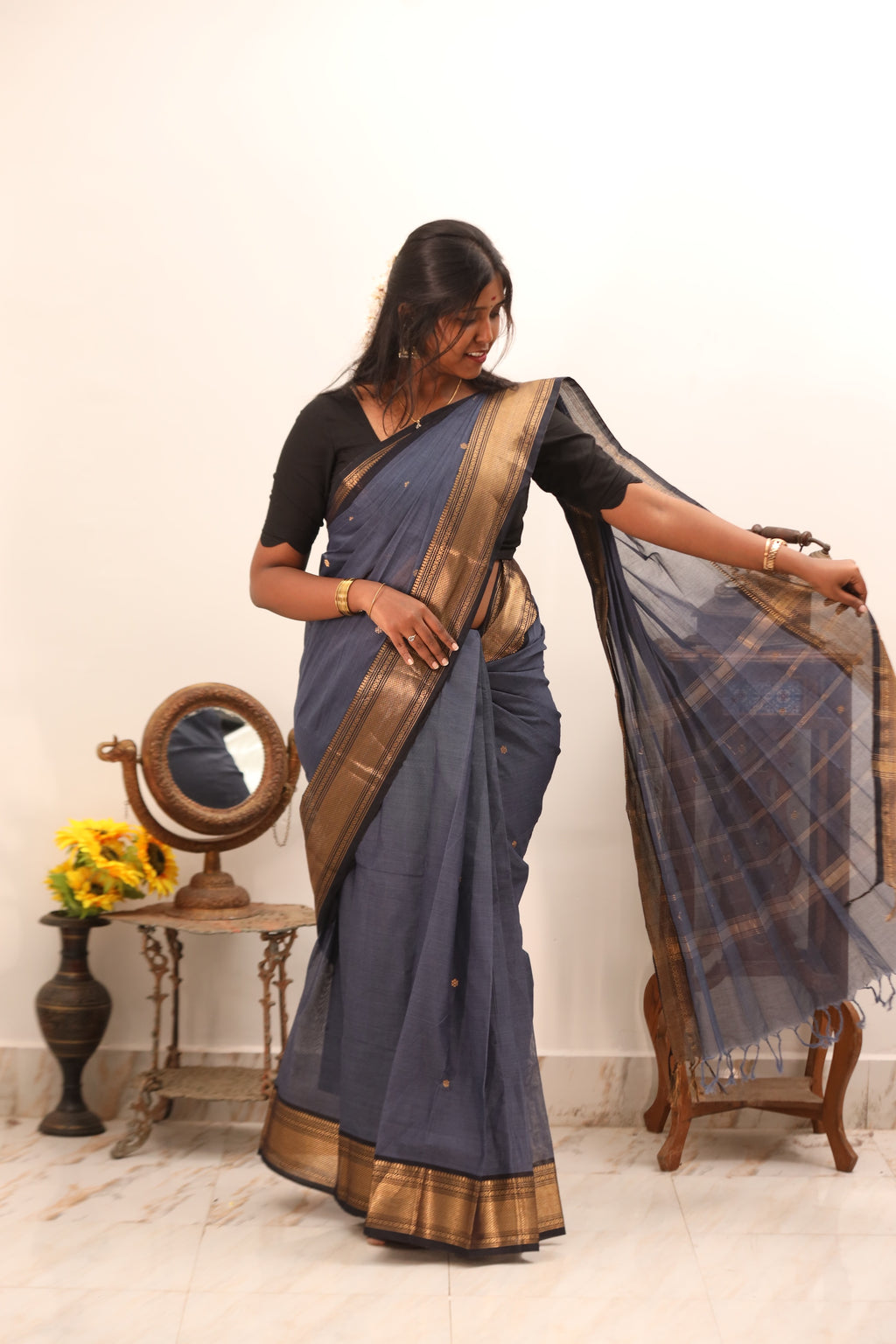 Blue Chettinad Cotton Saree with Black& Golden Border -#NS016