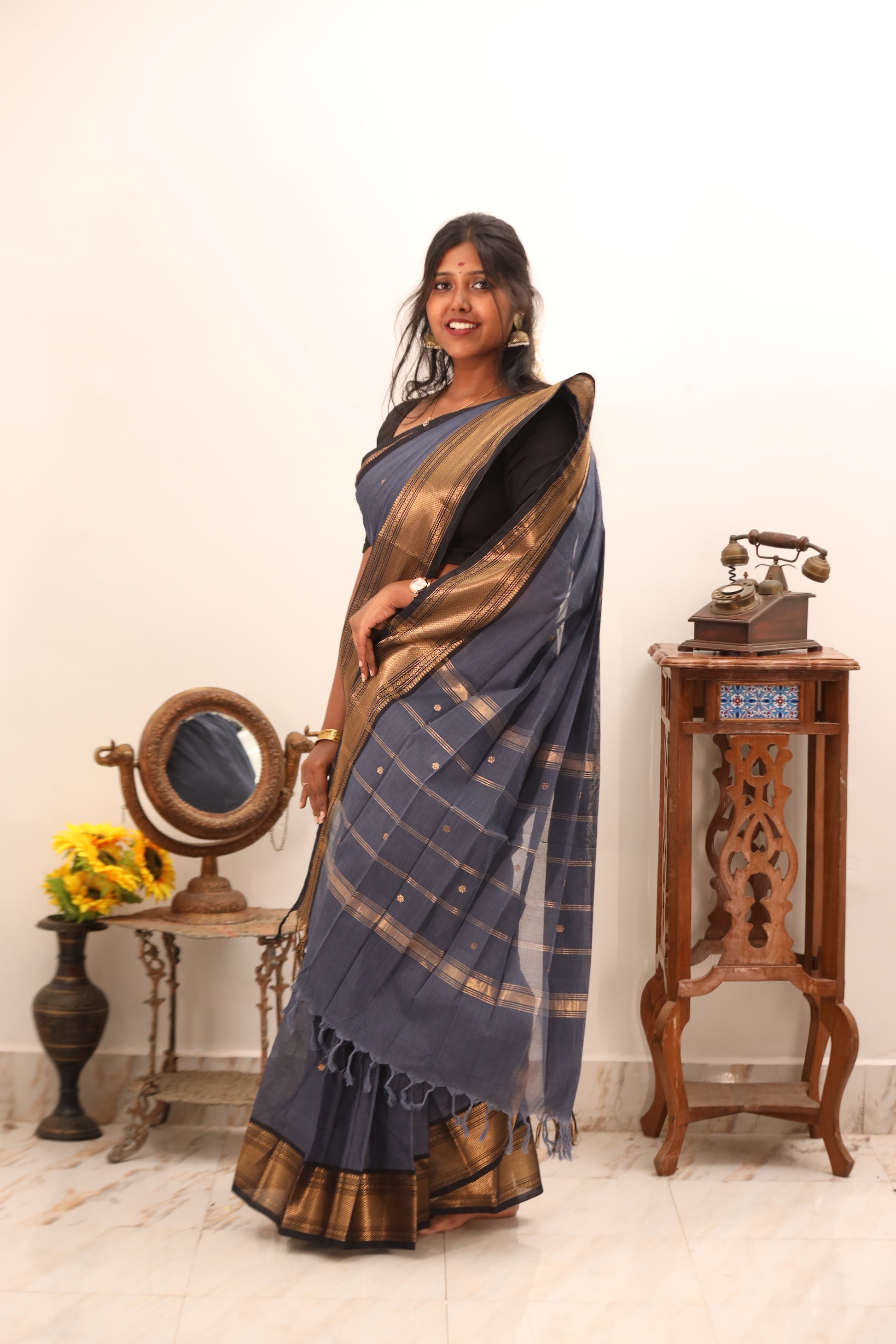 Blue Chettinad Cotton Saree with Black& Golden Border -#NS016