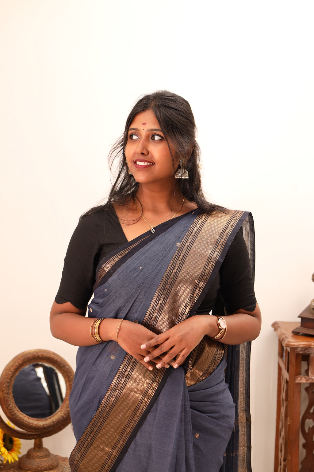 Blue Chettinad Cotton Saree with Black& Golden Border -#NS016