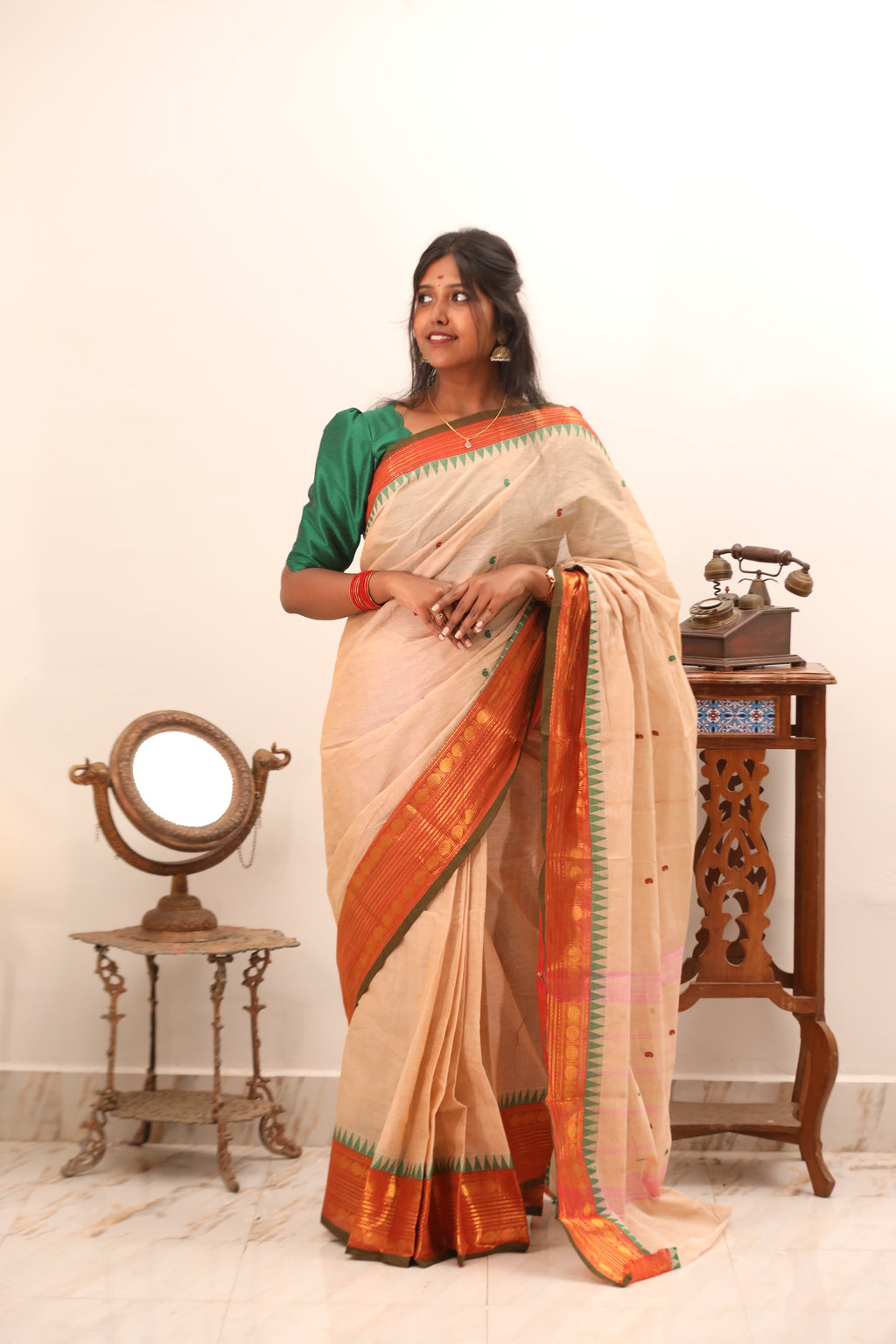 Offwhite Chettinad Cotton Saree with Red Border -#NS015