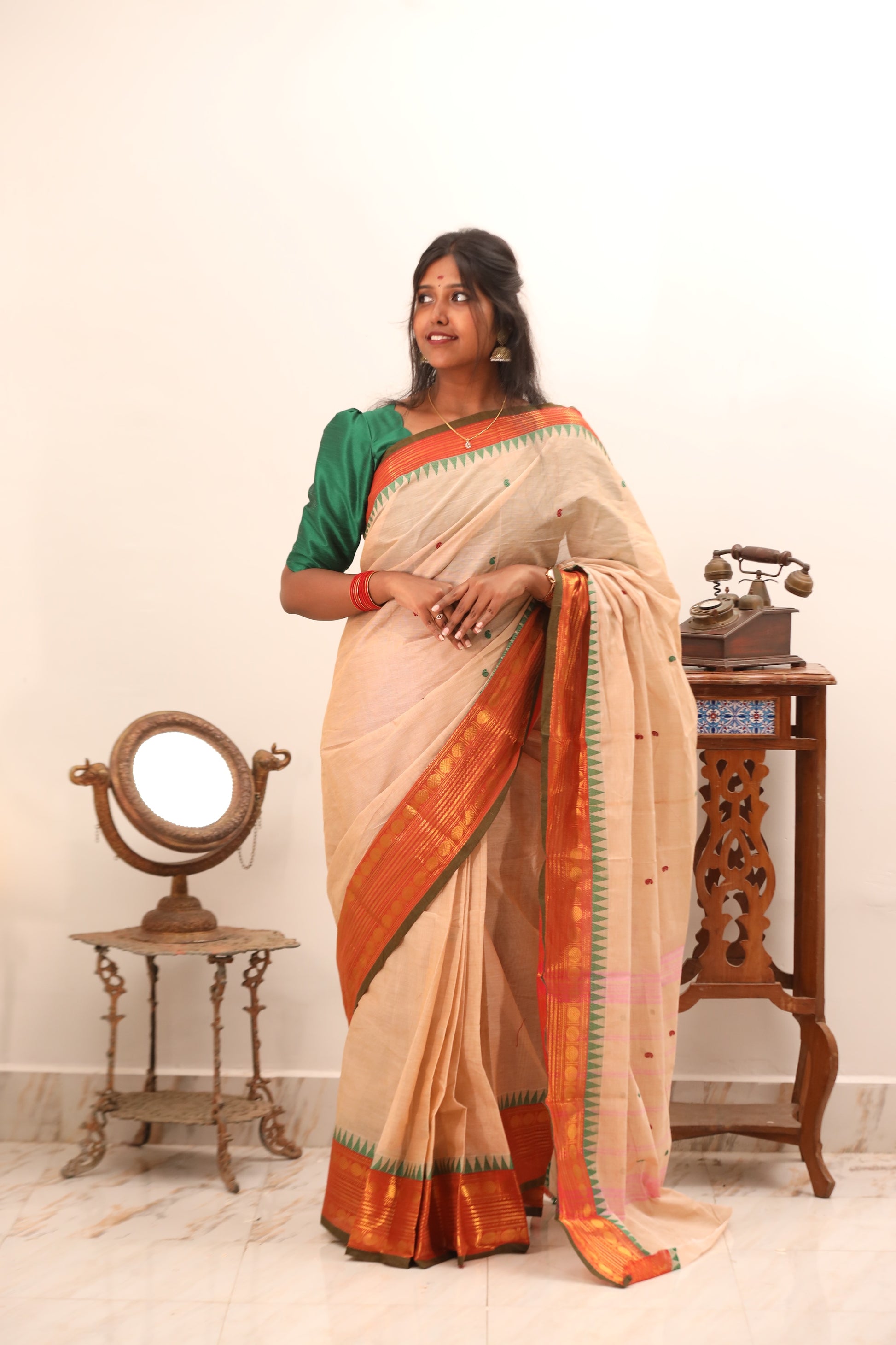 Offwhite Chettinad Cotton Saree with Red Border -#NS015
