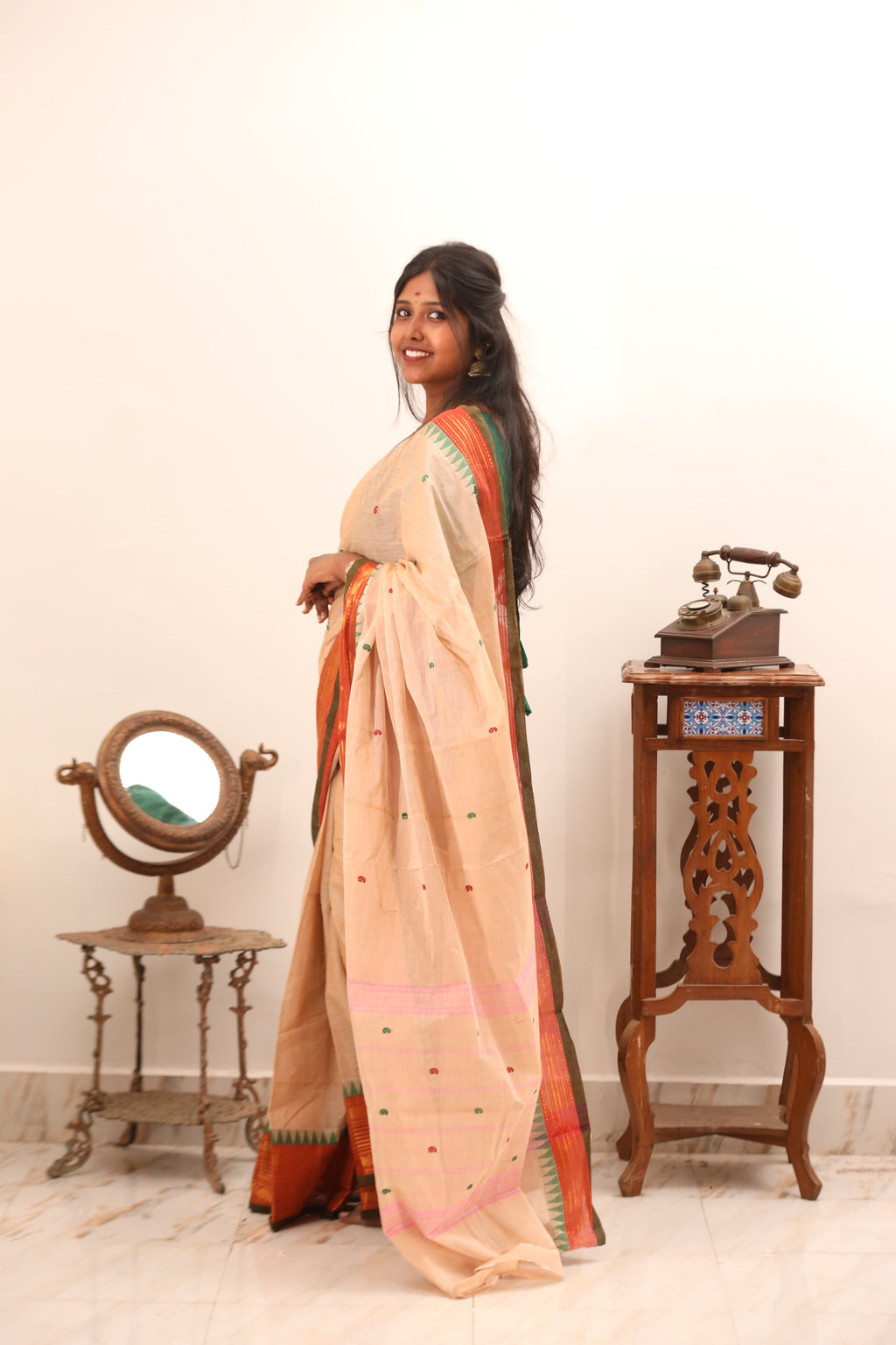Offwhite Chettinad Cotton Saree with Red Border -#NS015