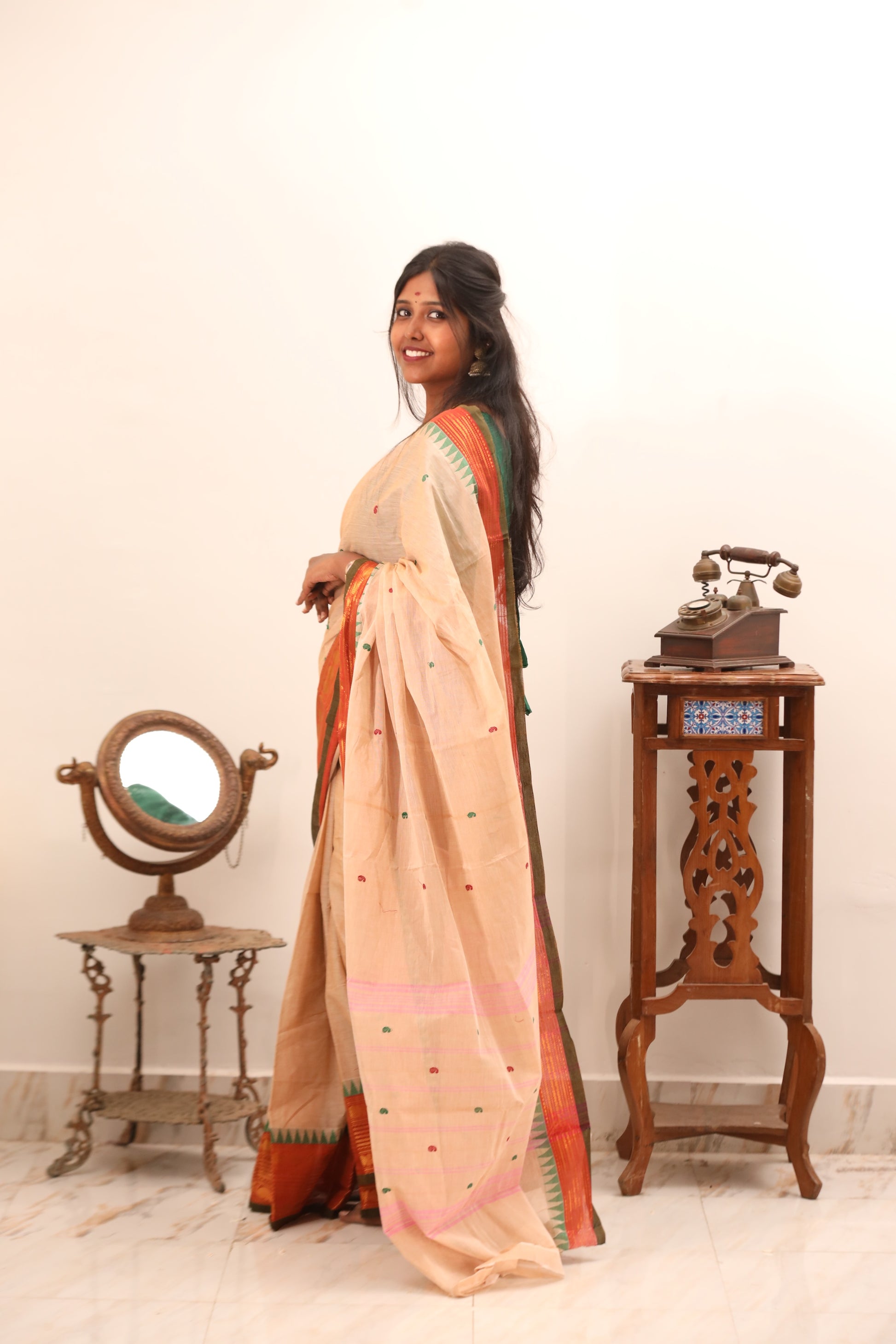 Offwhite Chettinad Cotton Saree with Red Border -#NS015