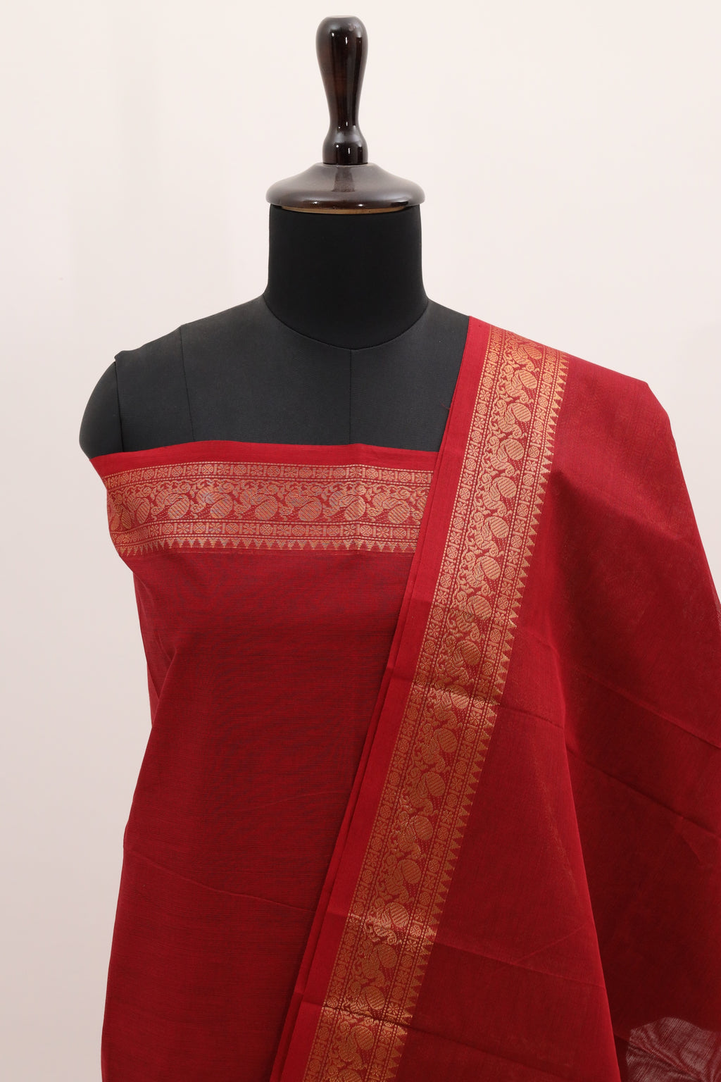 Red with Golden Border Chettinad Cotton Unstitched Salwar Suit - #NC085