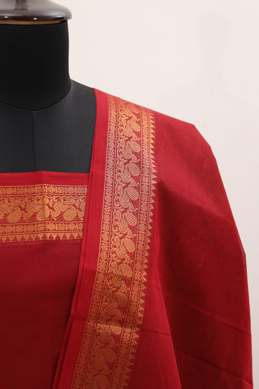 Red with Golden Border Chettinad Cotton Unstitched Salwar Suit - #NC085