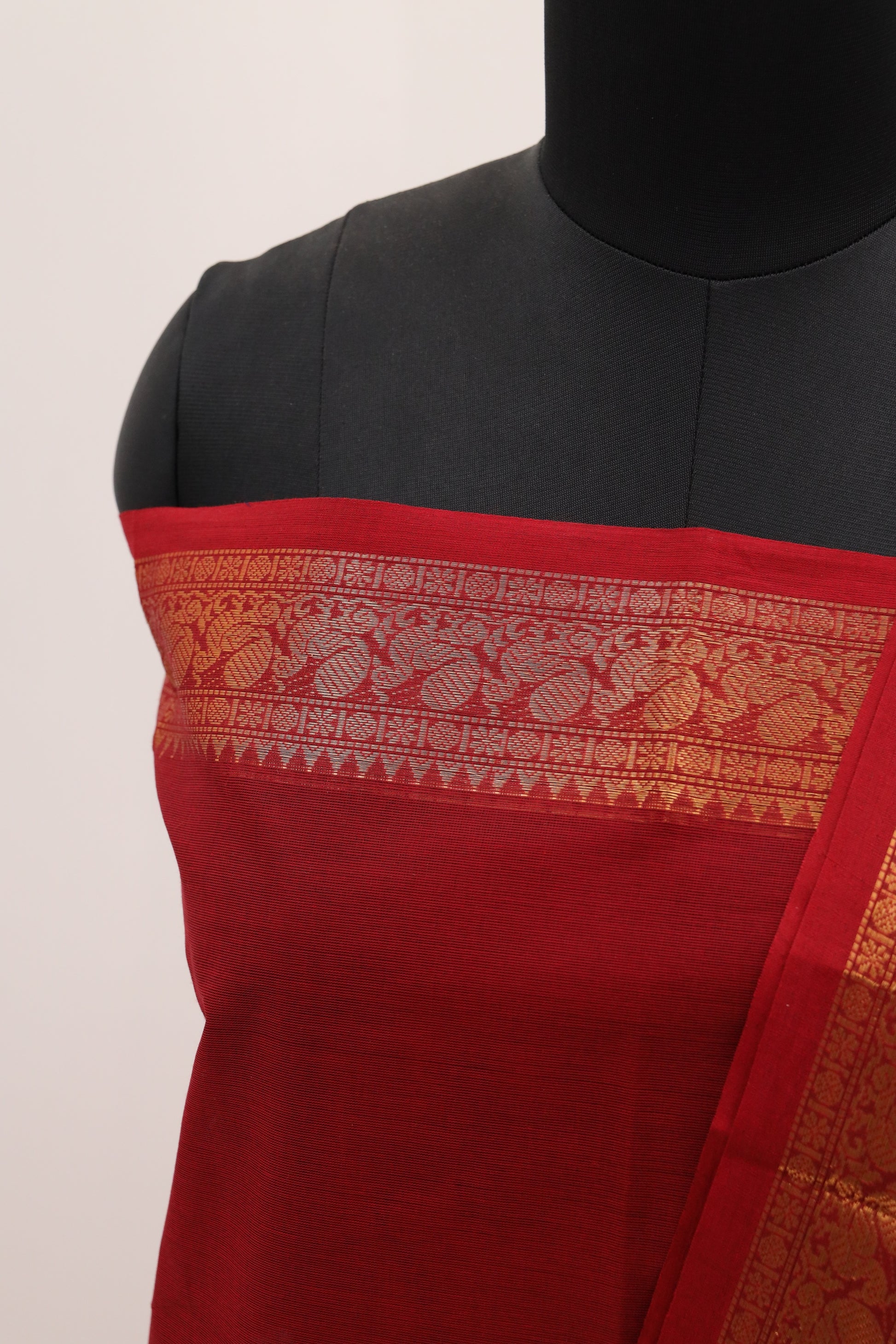 Red with Golden Border Chettinad Cotton Unstitched Salwar Suit - #NC085