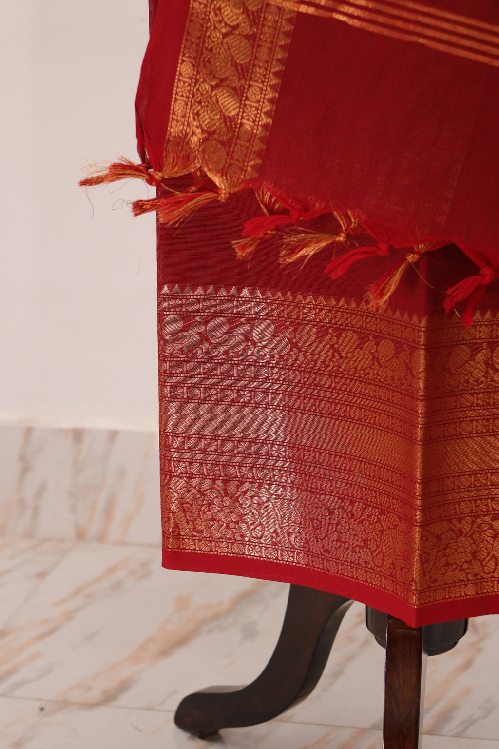 Red with Golden Border Chettinad Cotton Unstitched Salwar Suit - #NC085