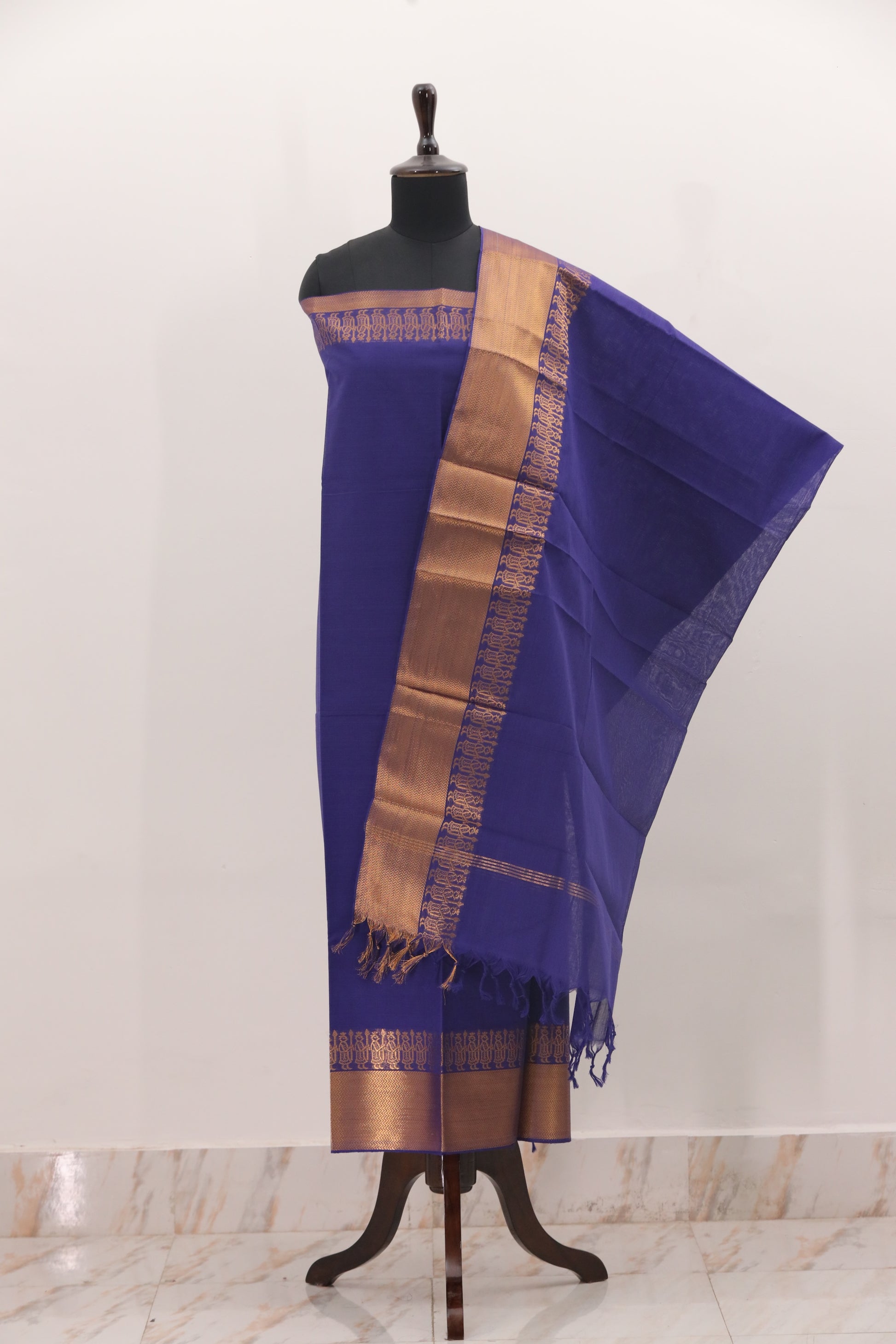 Blue with Golden Border Chettinad Cotton Unstitched Salwar Suit - #NC086