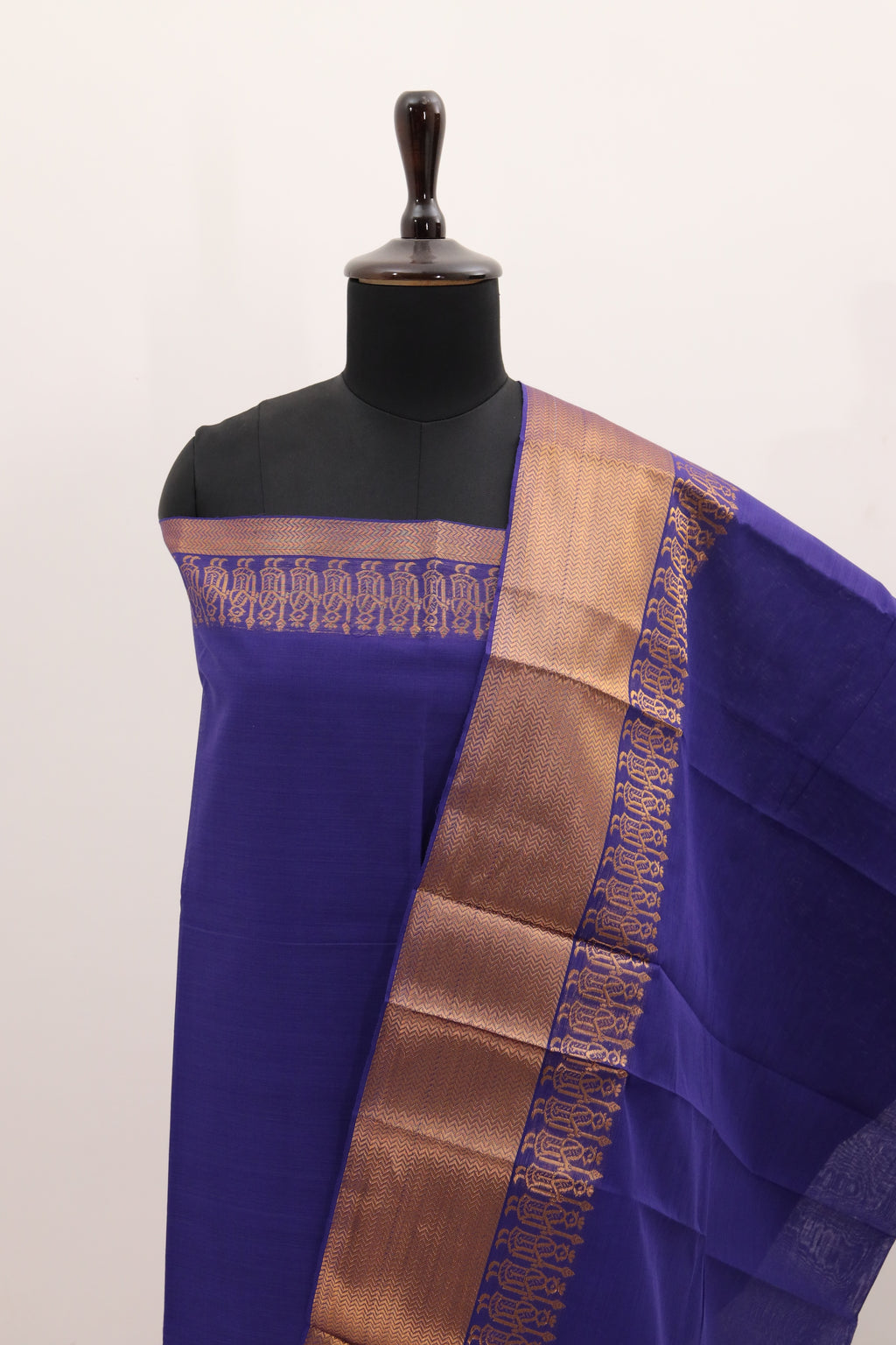 Blue with Golden Border Chettinad Cotton Unstitched Salwar Suit - #NC086