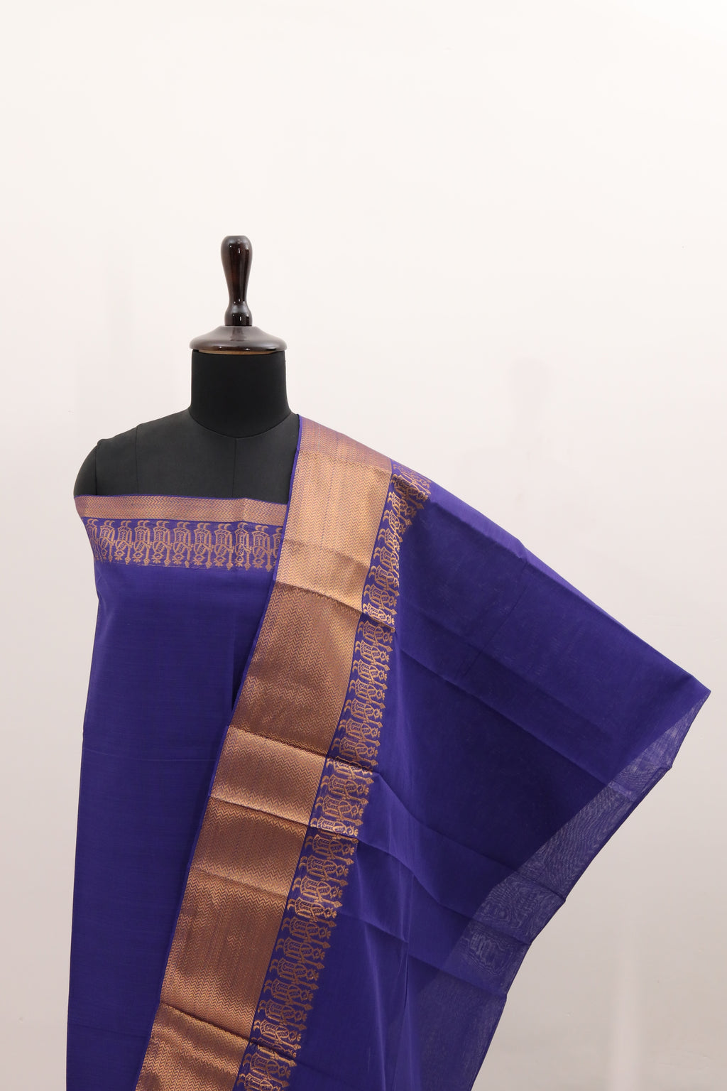 Blue with Golden Border Chettinad Cotton Unstitched Salwar Suit - #NC086