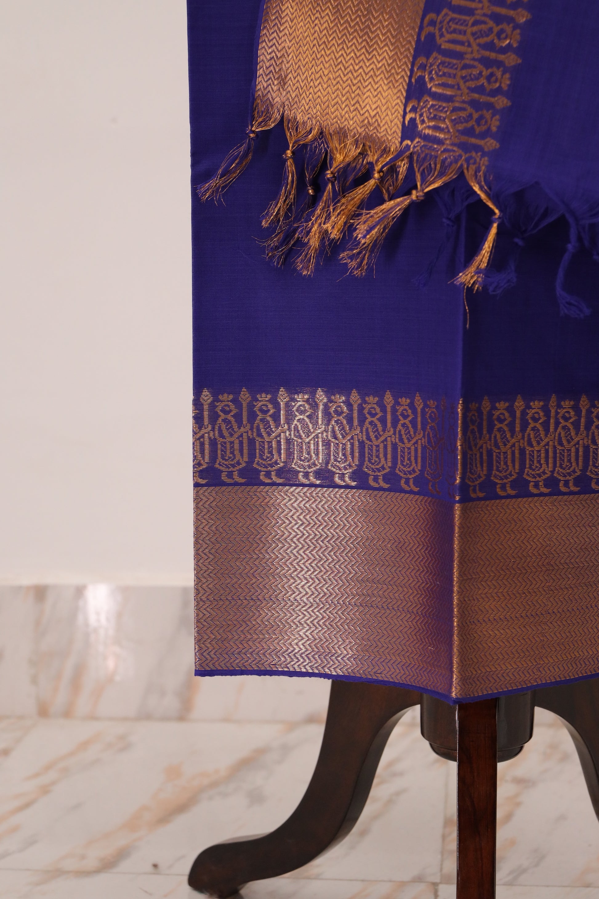 Blue with Golden Border Chettinad Cotton Unstitched Salwar Suit - #NC086