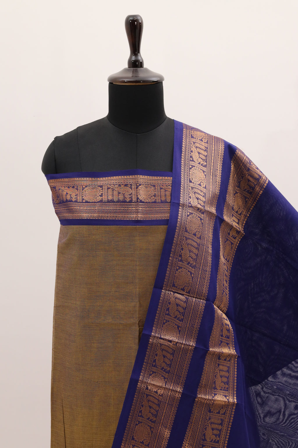 Olive Green with Blue and Golden Border Chettinad Cotton Unstitched Salwar Suit - #NC087