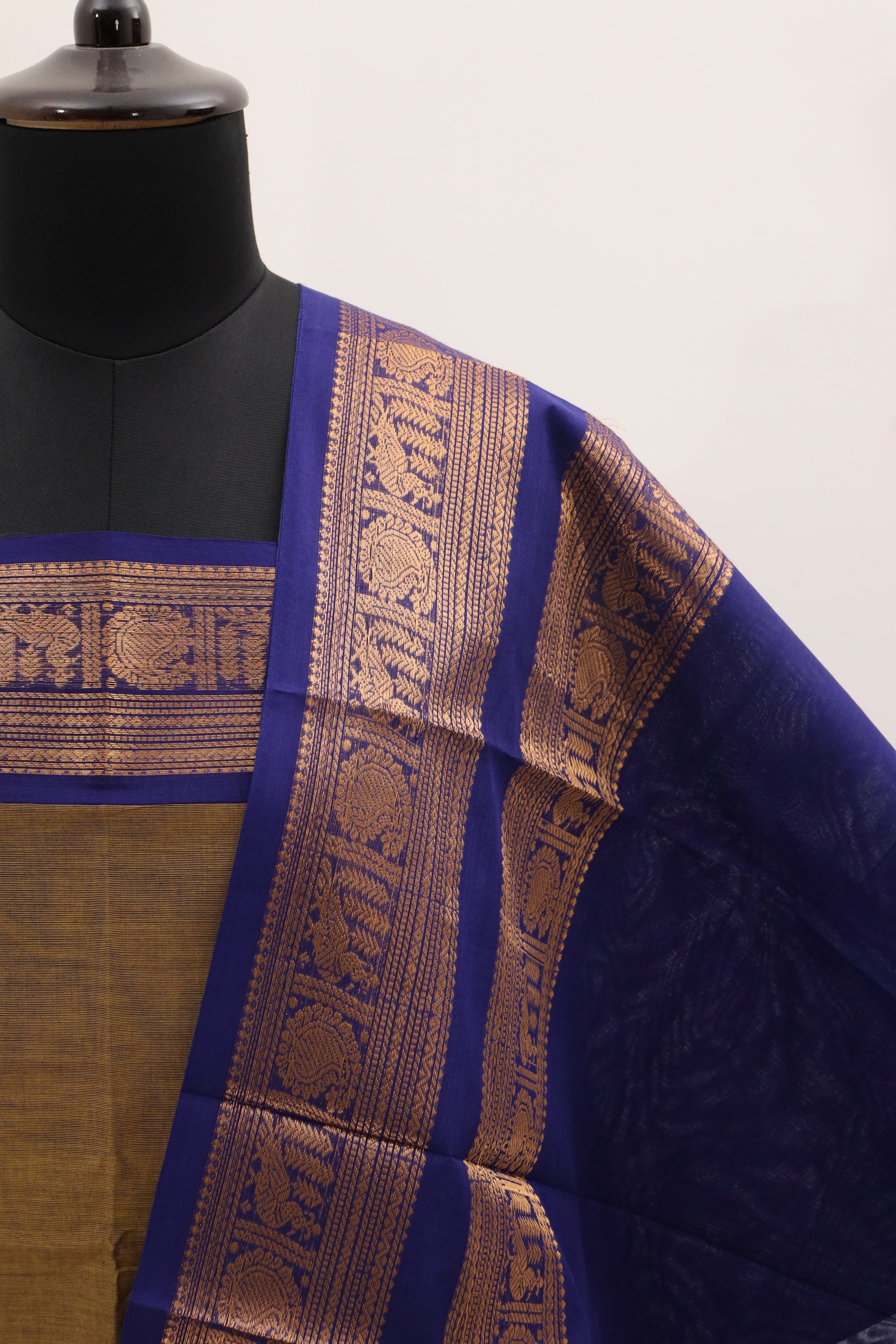 Olive Green with Blue and Golden Border Chettinad Cotton Unstitched Salwar Suit - #NC087