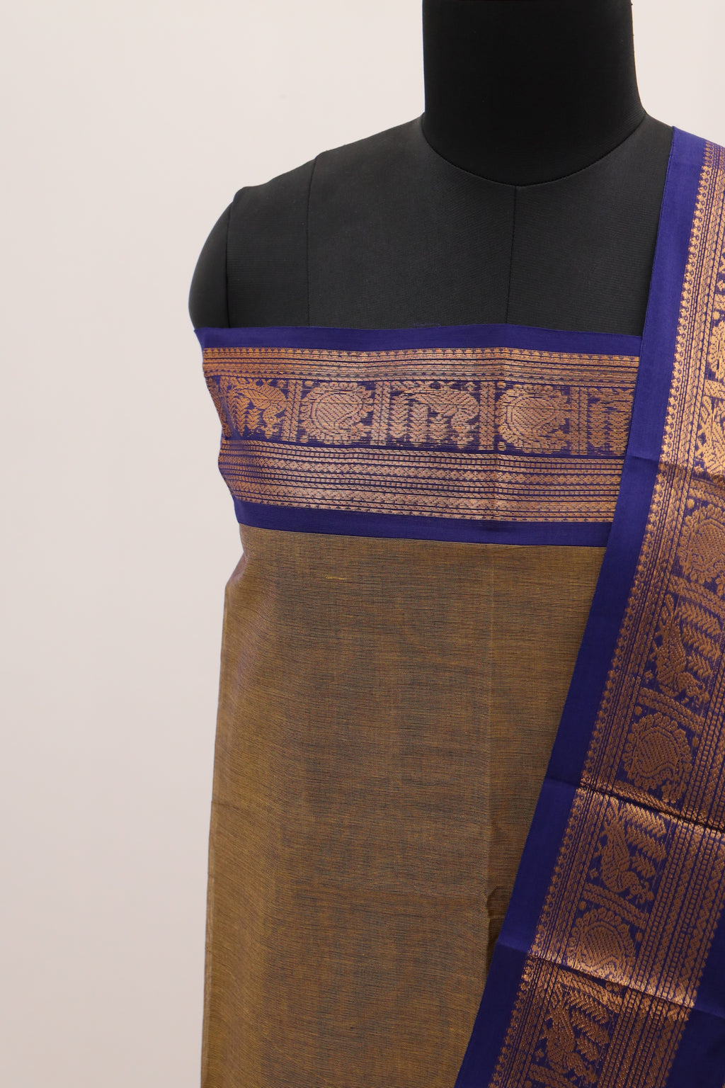 Olive Green with Blue and Golden Border Chettinad Cotton Unstitched Salwar Suit - #NC087