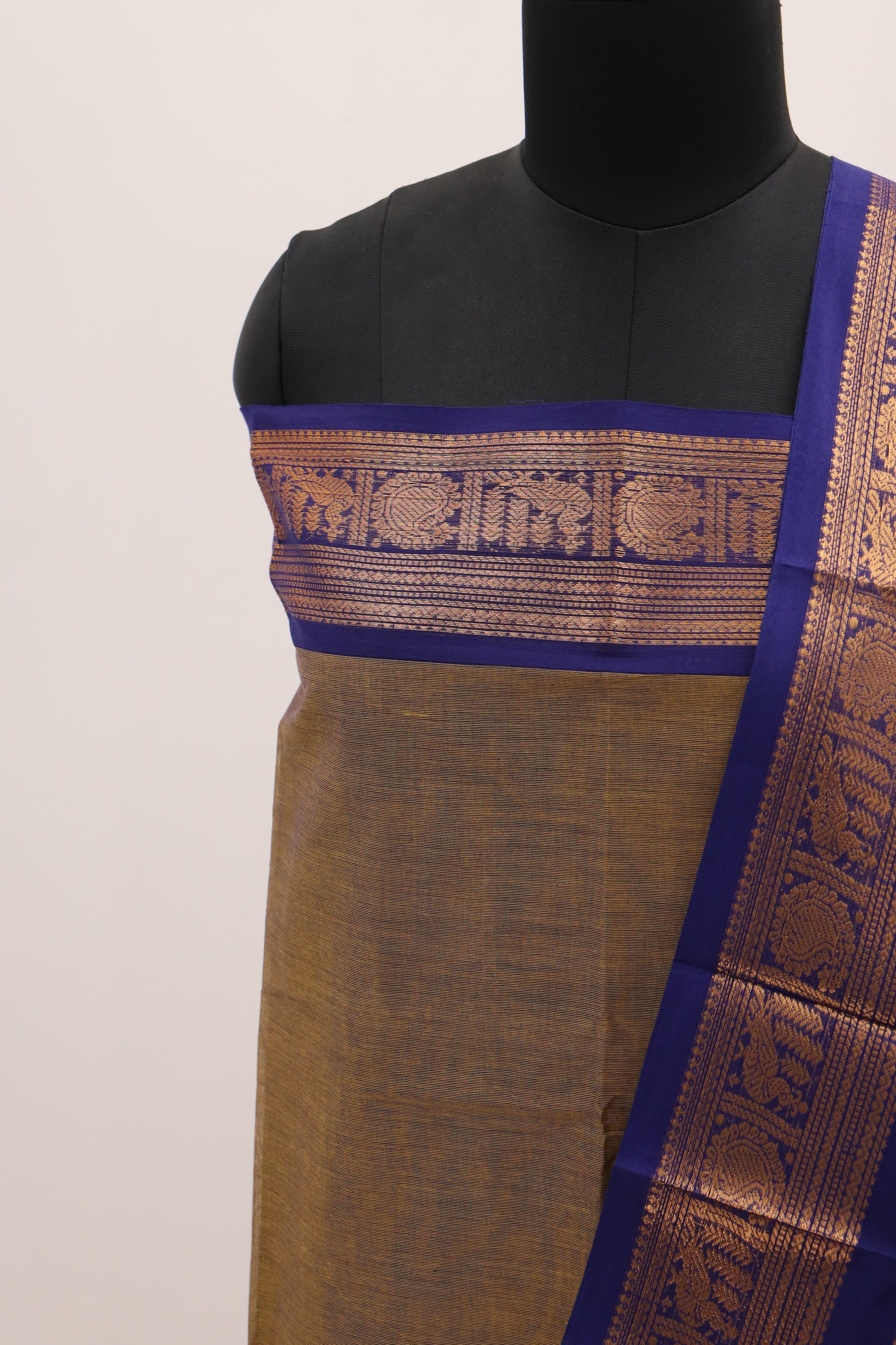 Olive Green with Blue and Golden Border Chettinad Cotton Unstitched Salwar Suit - #NC087