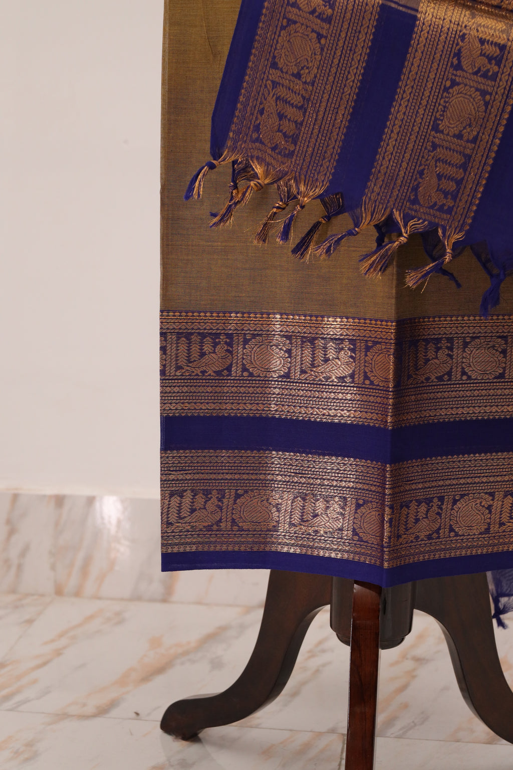 Olive Green with Blue and Golden Border Chettinad Cotton Unstitched Salwar Suit - #NC087